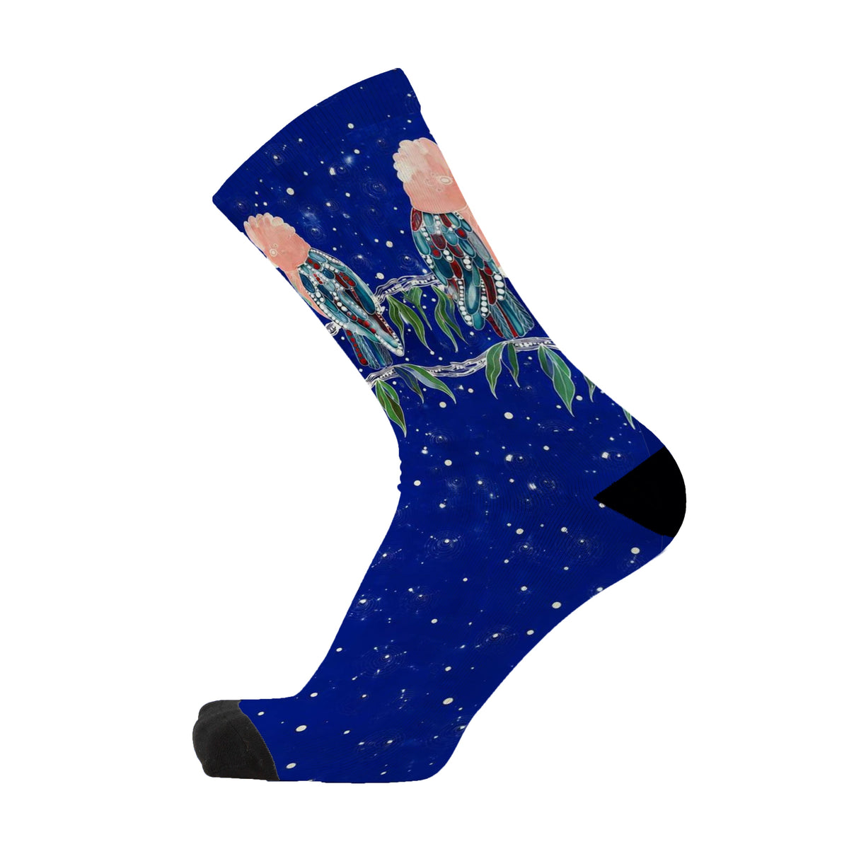 Galahs Under Stars by Melanie Hava: side view of a navy bamboo sock with pink galahs and stars.
