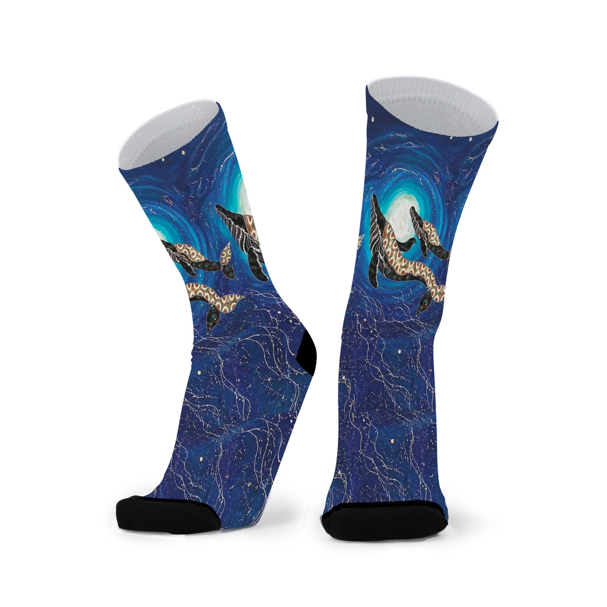 Humpback Whales by Melanie Hava: pair of dark blue bamboo socks with humpback whales and ocean patterns.