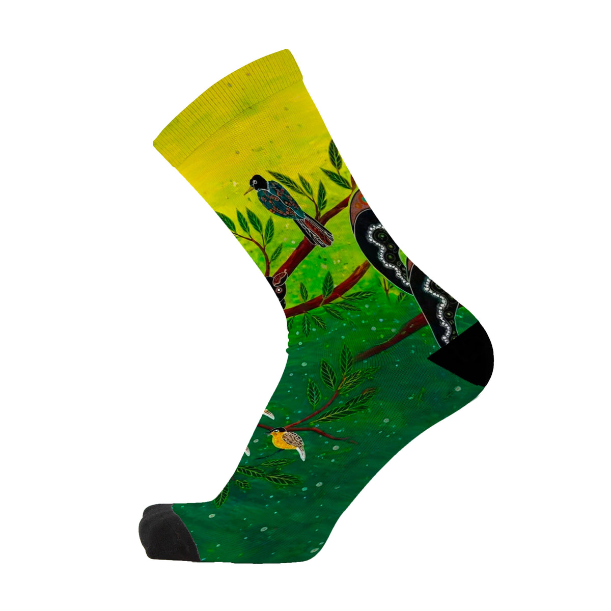 Canopy Encounters by Melanie Hava: side view of a yellow and green bamboo sock with canopy artwork.