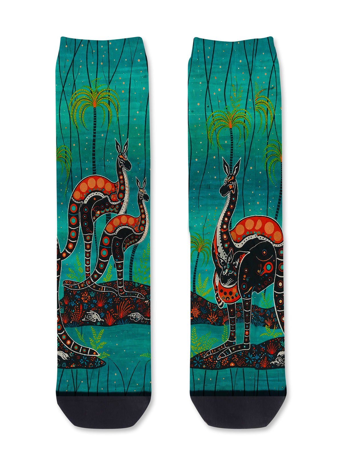 Heart of the Wild by Melanie Hava: flat view of turquoise bamboo socks with kangaroo and woodland artwork.