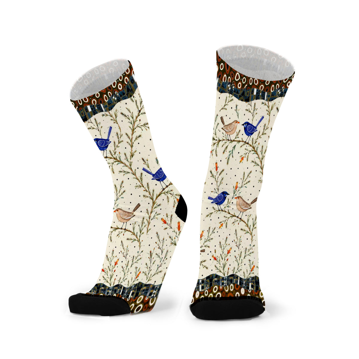 Fairy Wrens by Melanie Hava: pair of cream bamboo socks with blue fairy wrens and leafy branches.