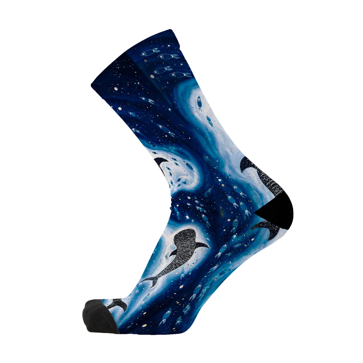 Giants of the Blue by Melanie Hava: side view of a navy bamboo sock with whale artwork and blue ocean patterns.