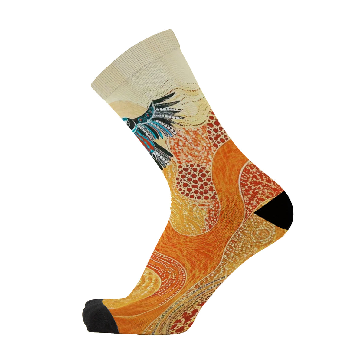 Eagle Soaring by Melanie Hava: side view of an orange and yellow bamboo sock with eagle artwork.