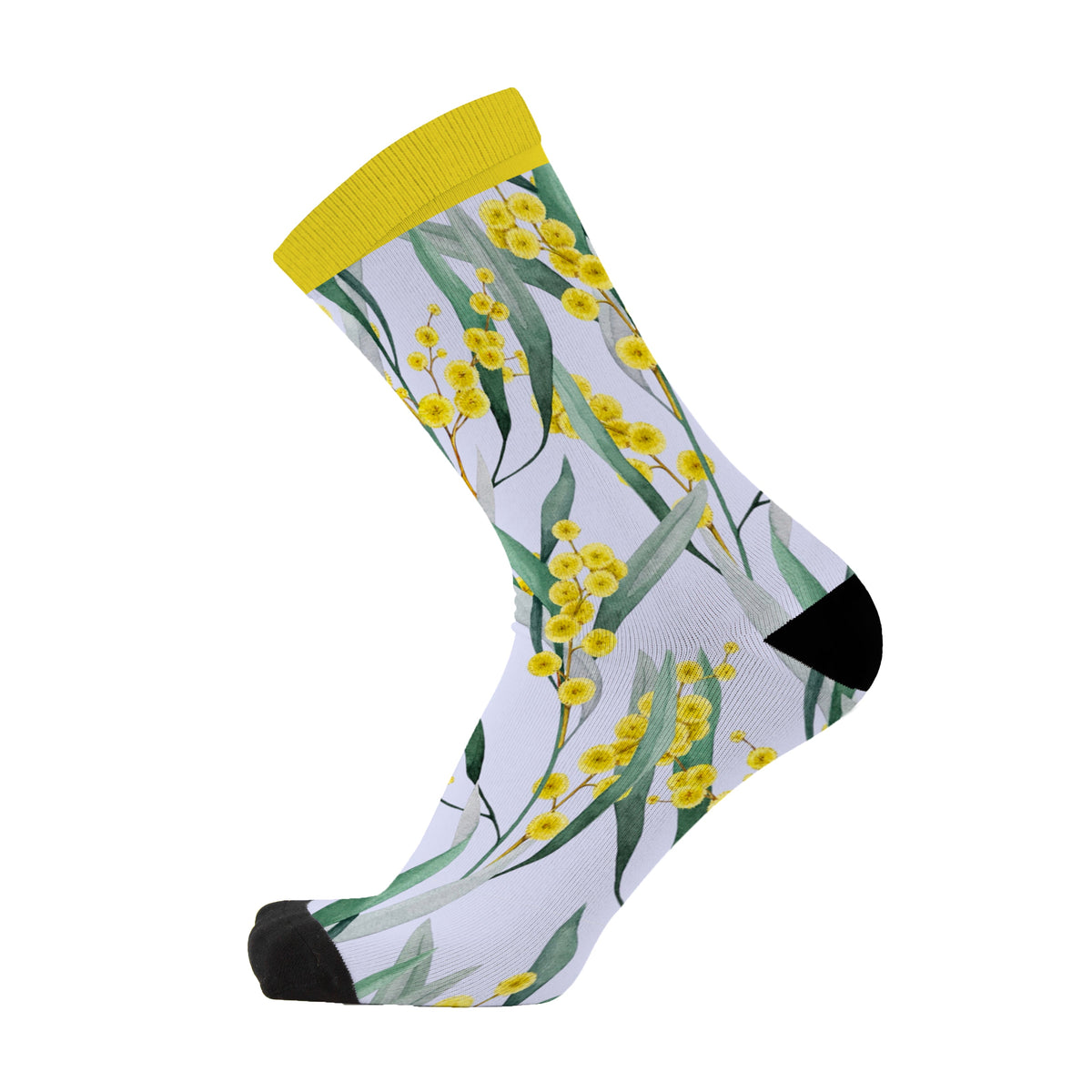 Colourful Australian native wattle flower socks made from soft bamboo fabric
