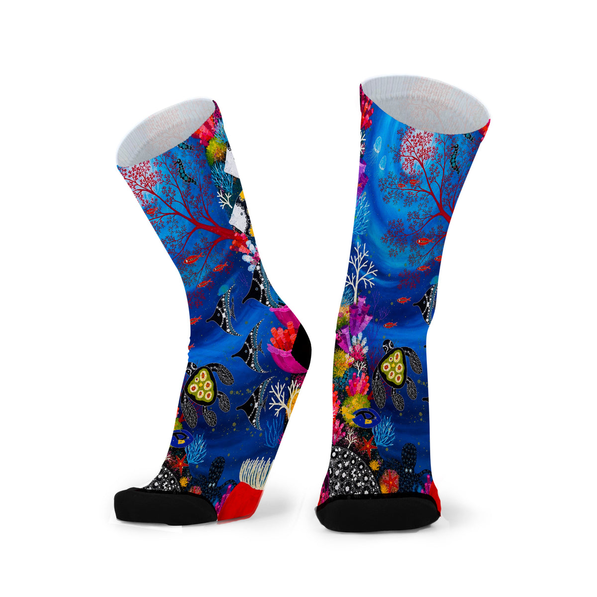 Great Barrier Reef by Melanie Hava: pair of blue bamboo socks with colourful fish and coral.