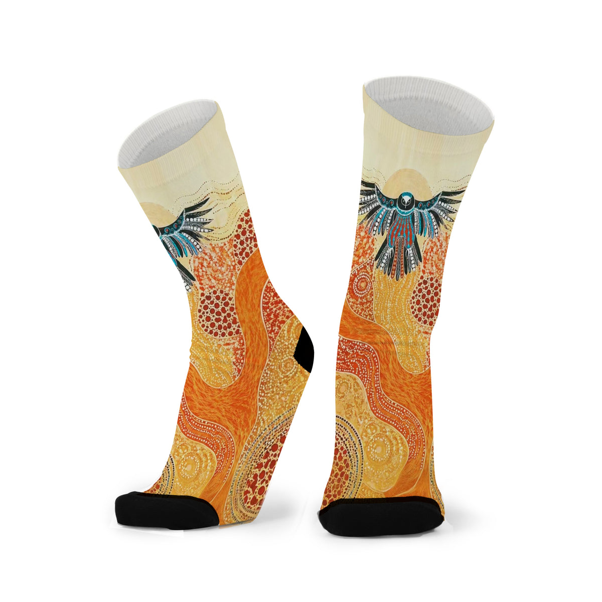 Eagle Soaring by Melanie Hava: pair of orange and yellow bamboo socks with an eagle spreading its wings.