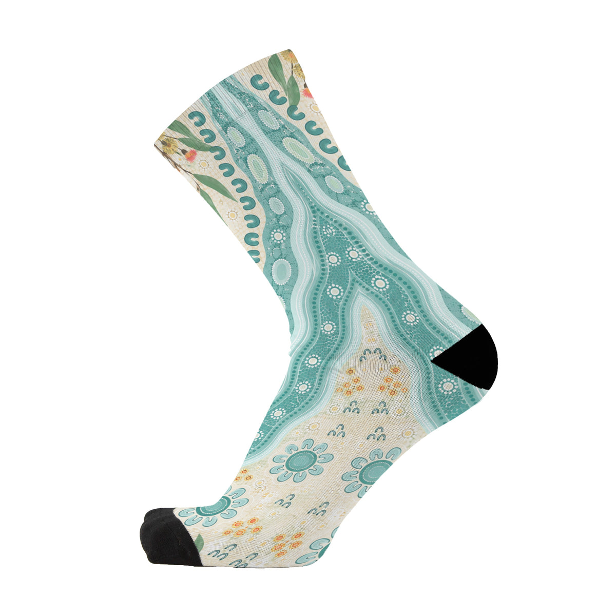 Waterways by Caitlin Trindall: side view of an aqua and cream bamboo sock with flowing lines and botanical details.