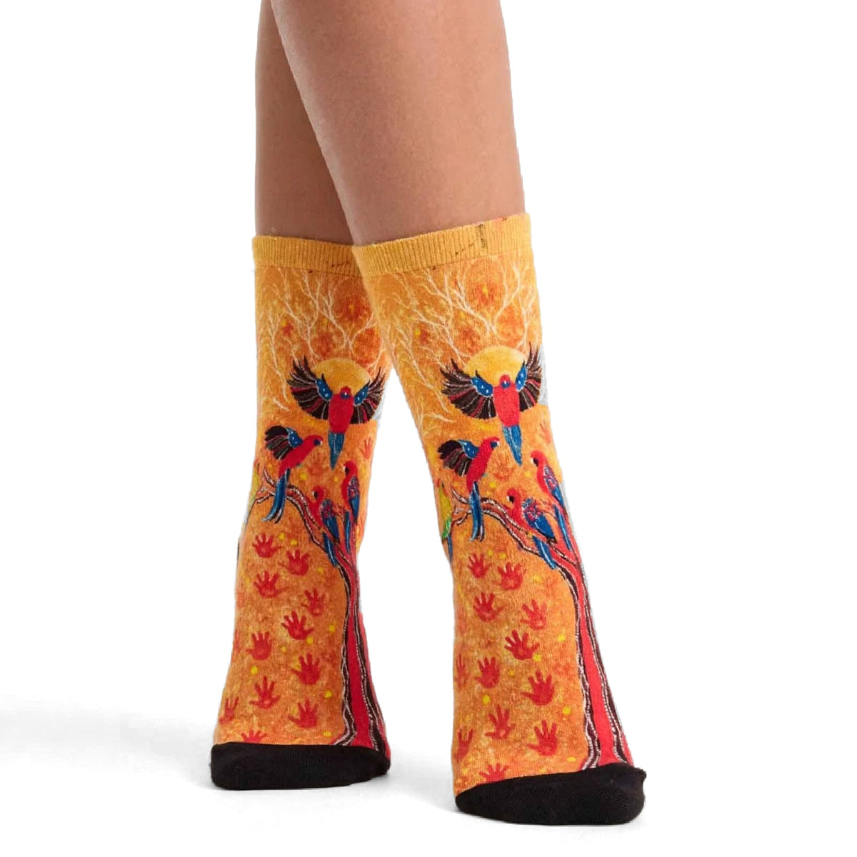 Rosella Reunion by Melanie Hava: orange rosella-print bamboo socks worn on feet, front view.
