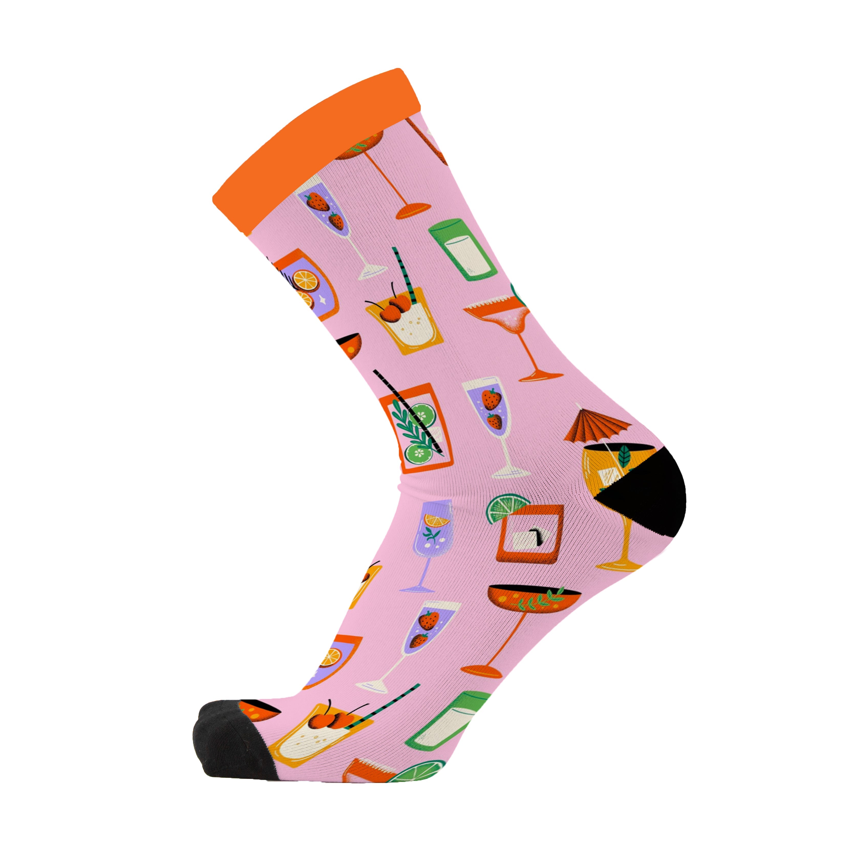 Colourful bamboo socks featuring alcoholic drinks on a pink background.