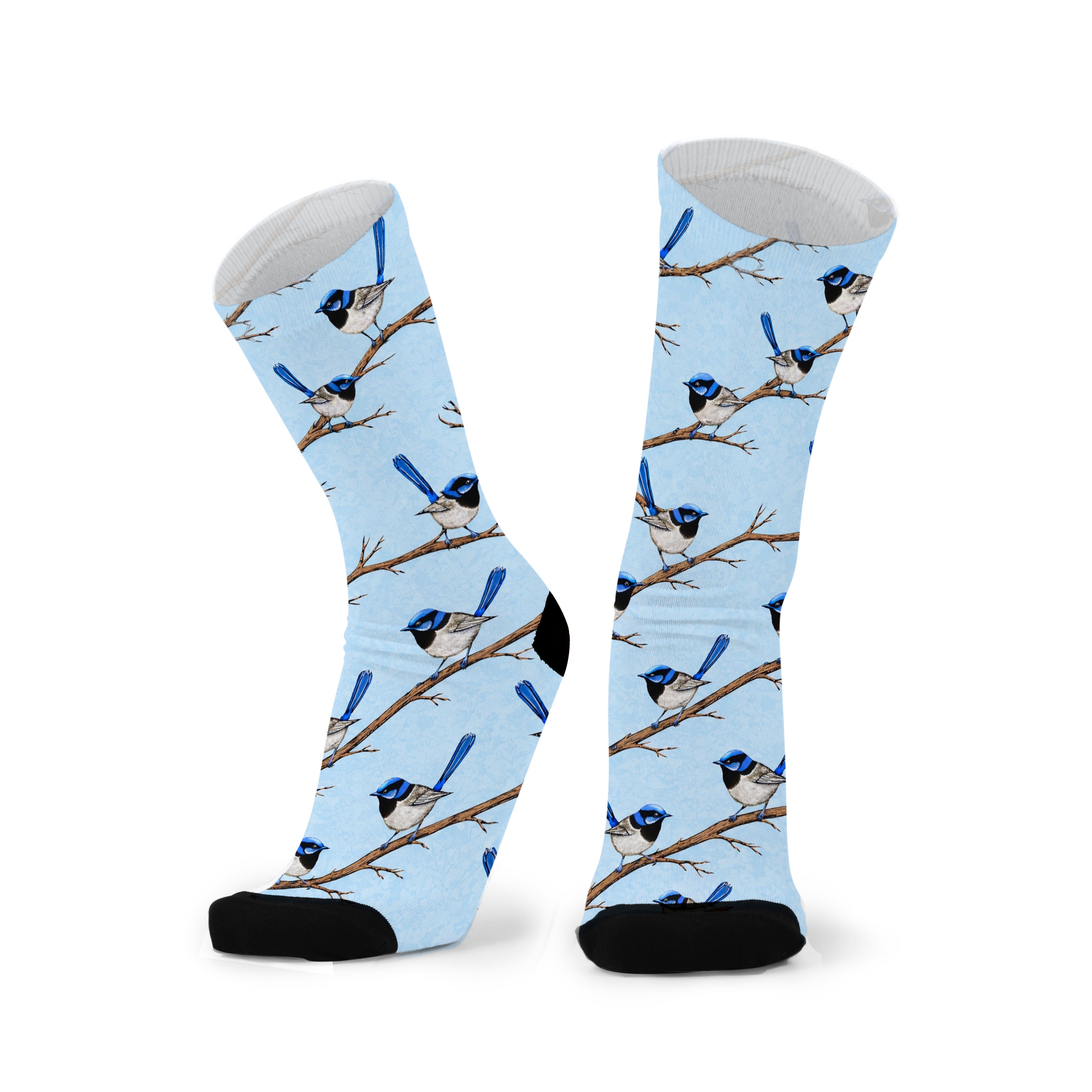 Colourful bamboo socks featuring blue wrens on a light blue background.