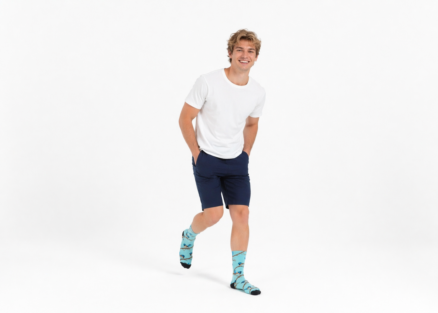 Colourful bamboo socks featuring blue wrens on a light blue background.