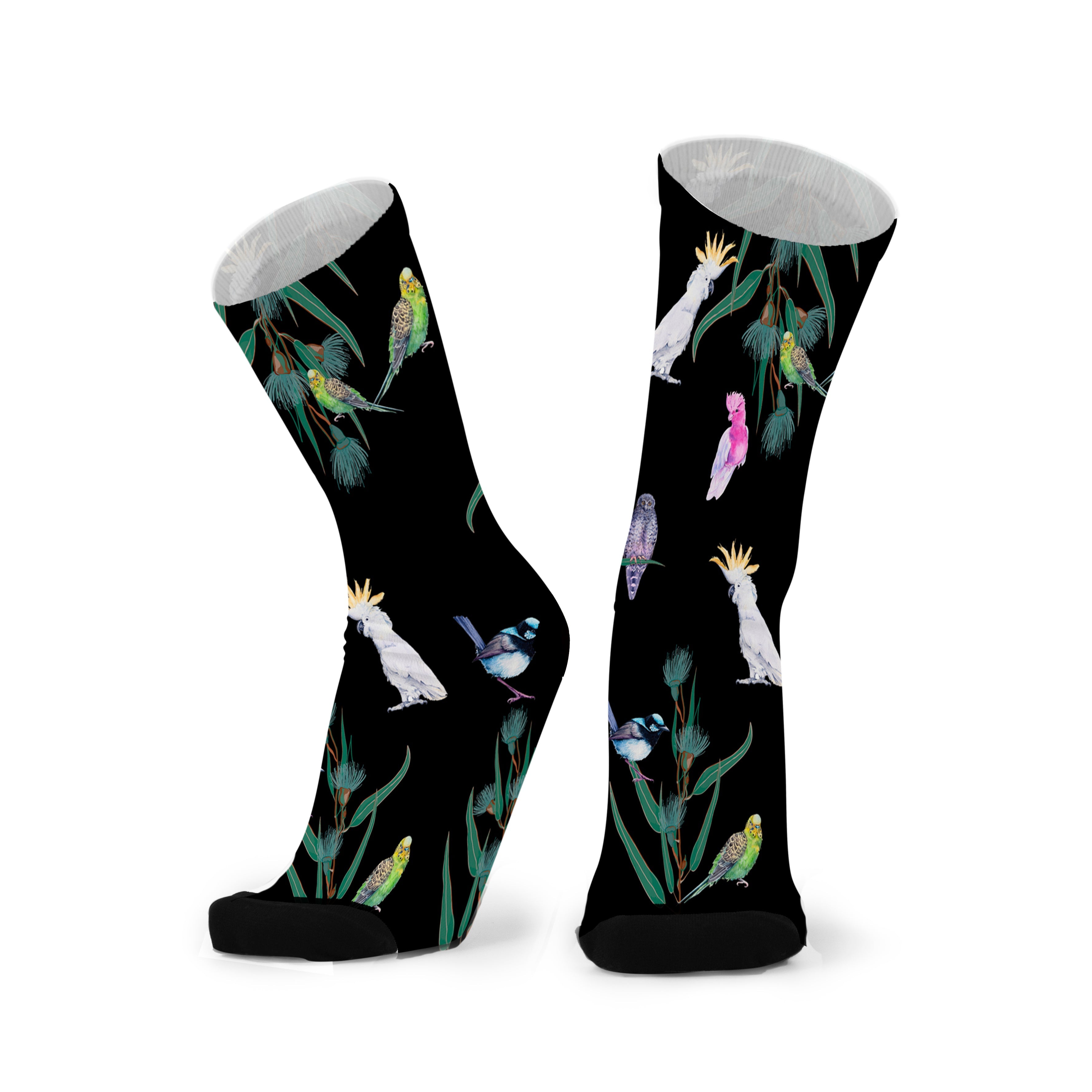 Colourful bamboo socks featuring cockatoos, budgies, fairy wrens and galahs on a black background.