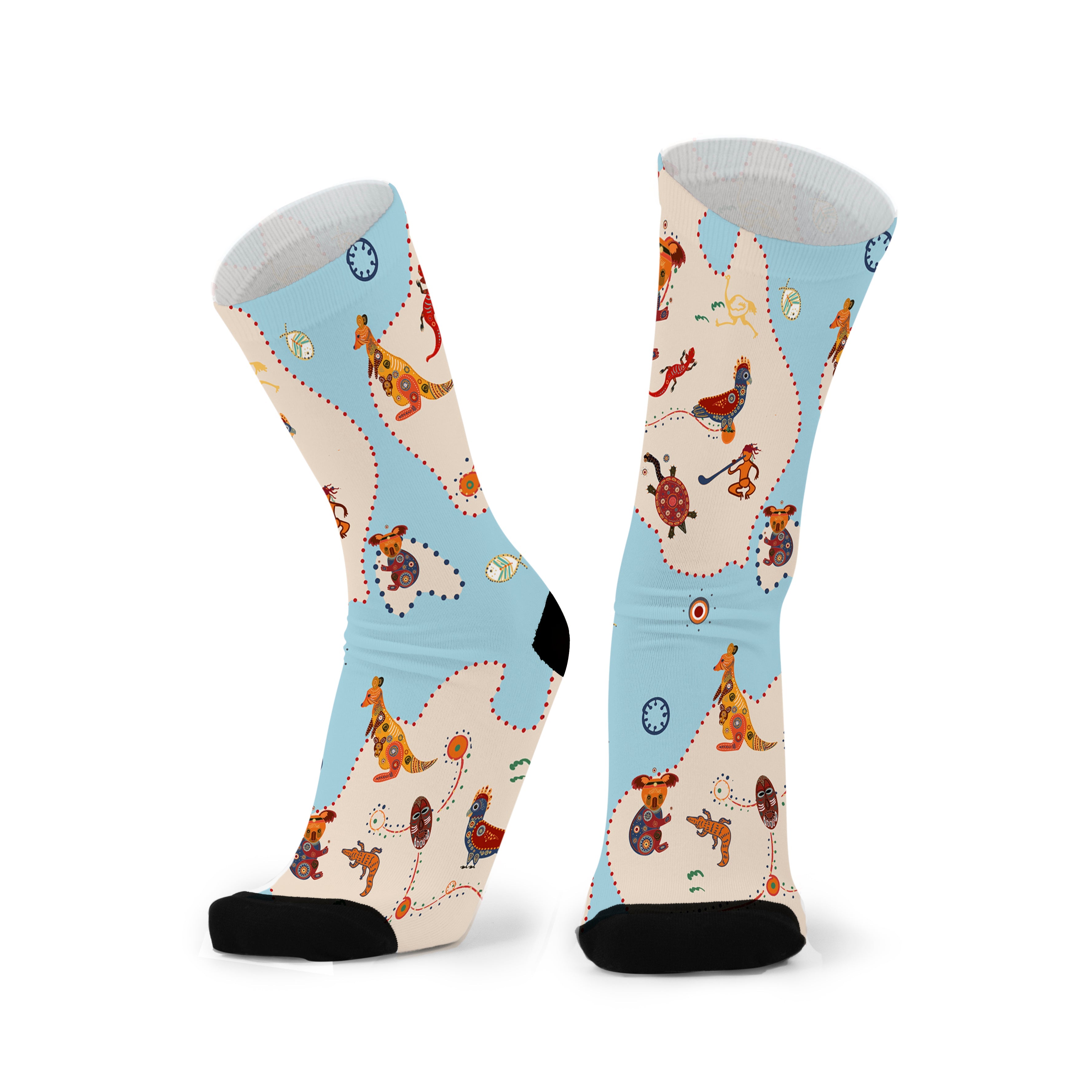 Colourful bamboo socks featuring Australian animals on a white and blue background.