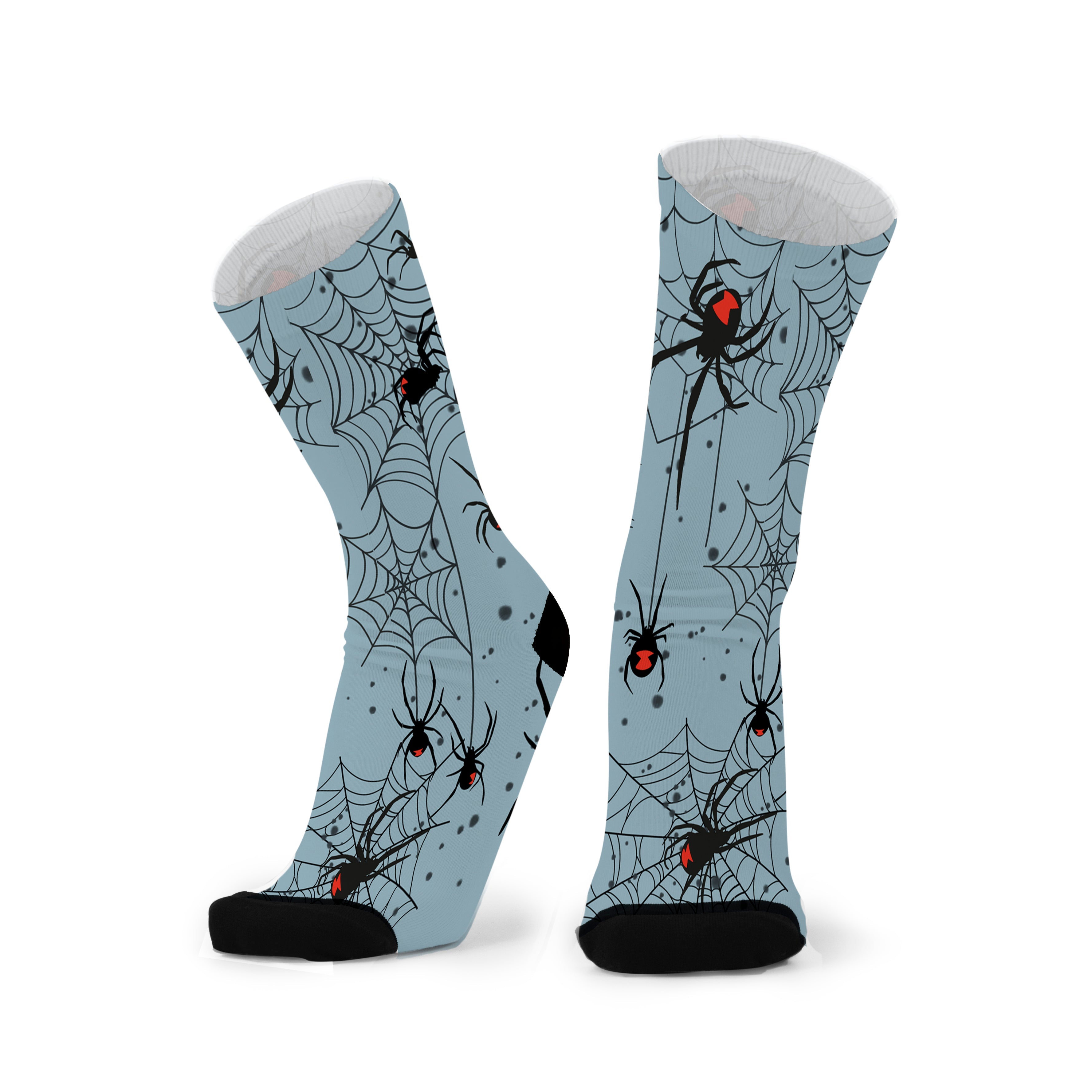 Colourful bamboo socks featuring redback spiders on a blue background.
