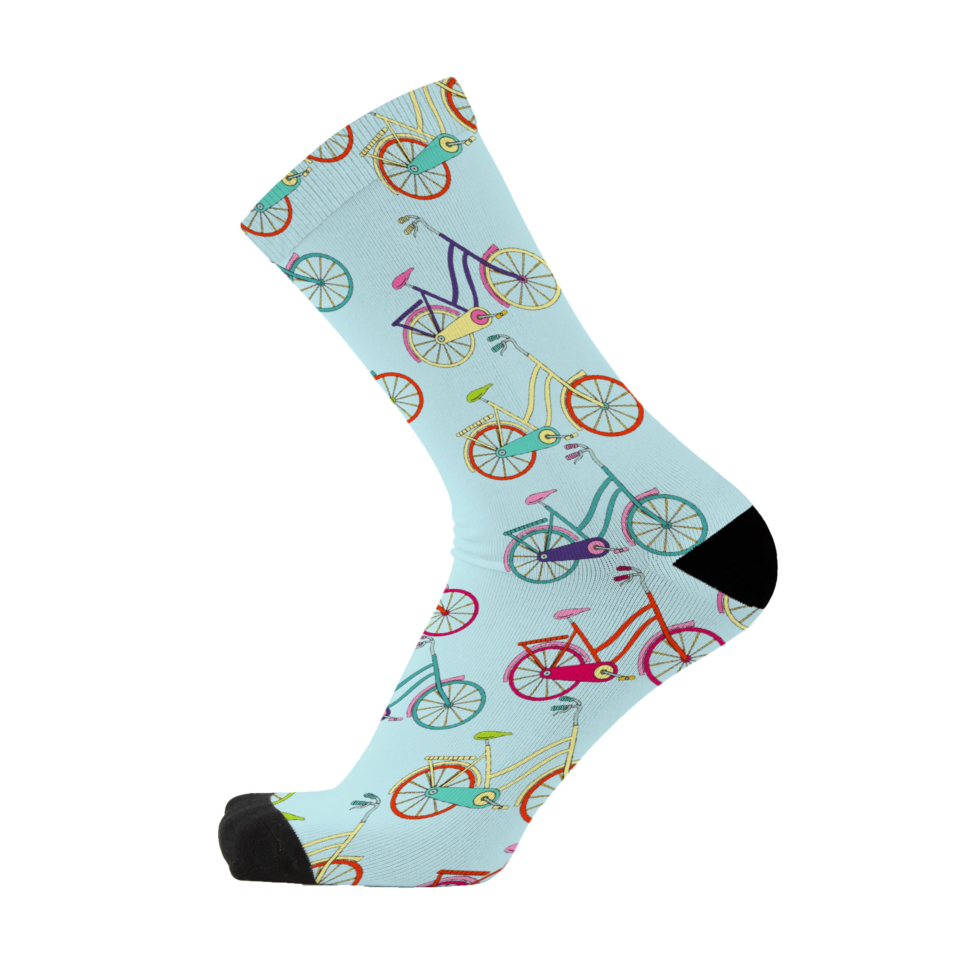 Colourful bamboo socks featuring bicycles on a blue background.