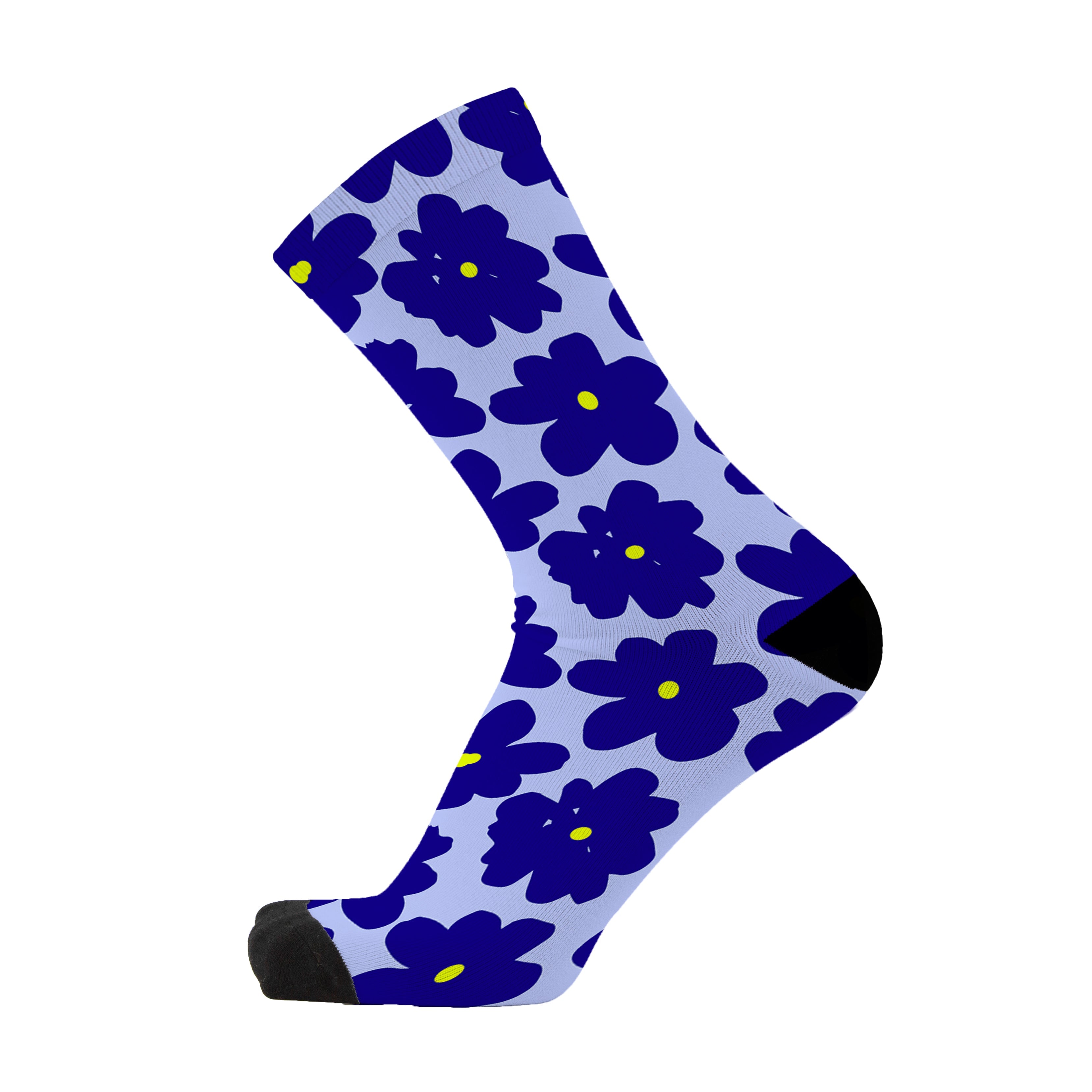Colourful bamboo socks featuring dark blue flowers on a light blue background.