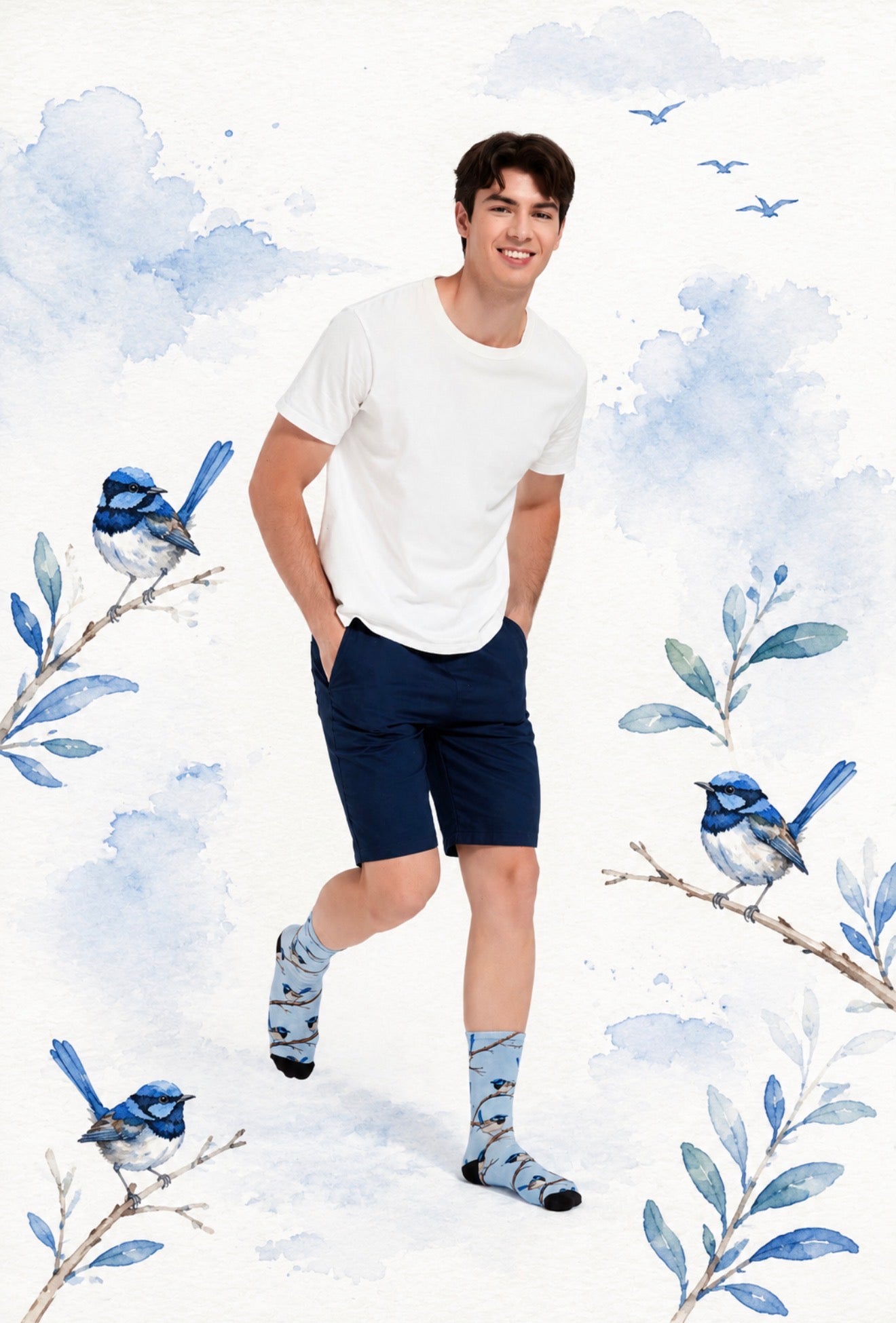Soft bamboo crew socks featuring Australia’s iconic Blue Wren bird on a light blue background. Comfortable wildlife socks perfect for bird lovers and unique Australian gifts.