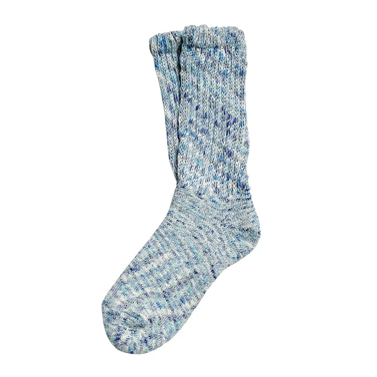 Blue and white speckled loose top sock on a white background