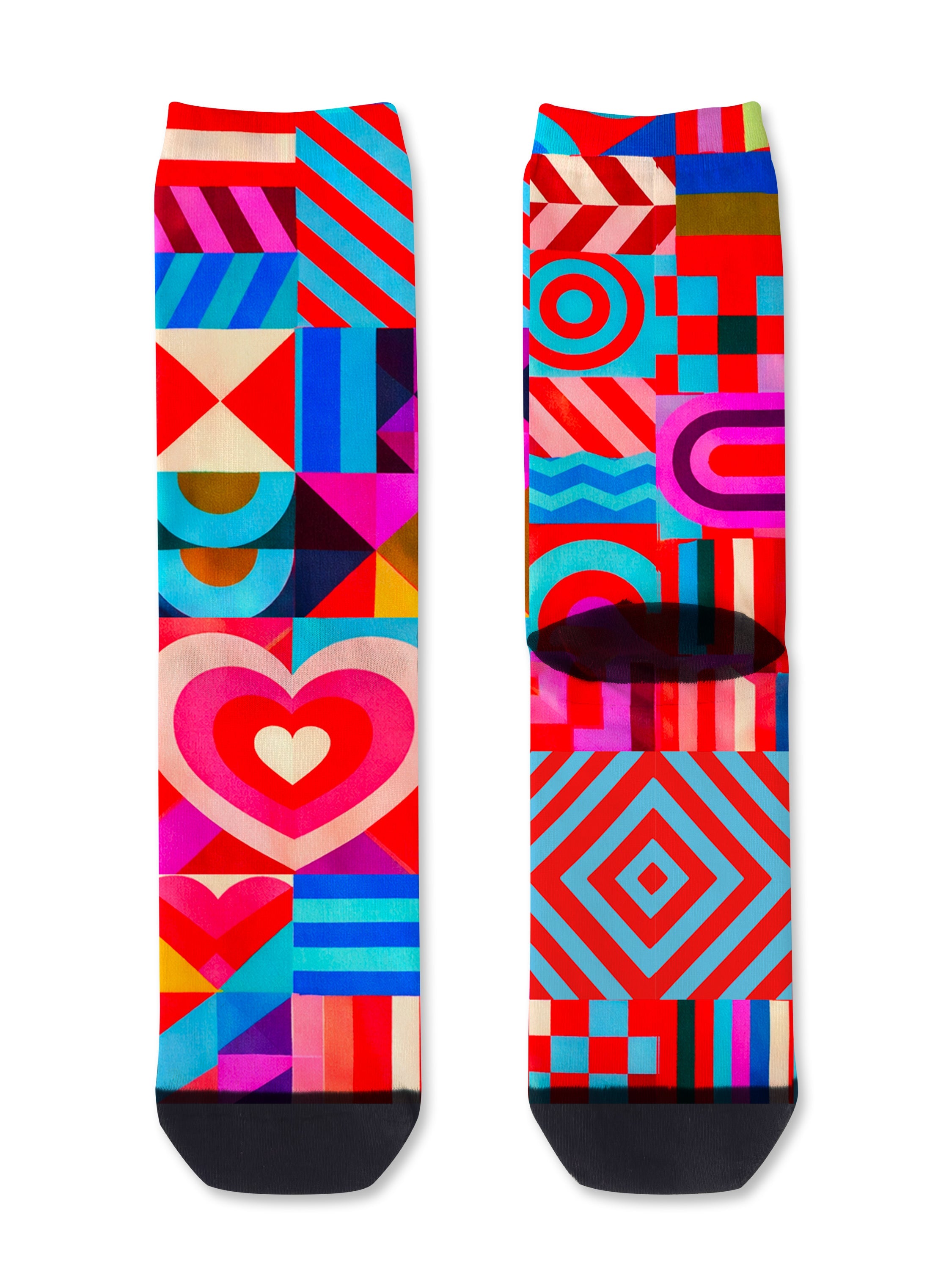 Colourful bamboo socks featuring geometric shapes, stripes, hearts and circles.