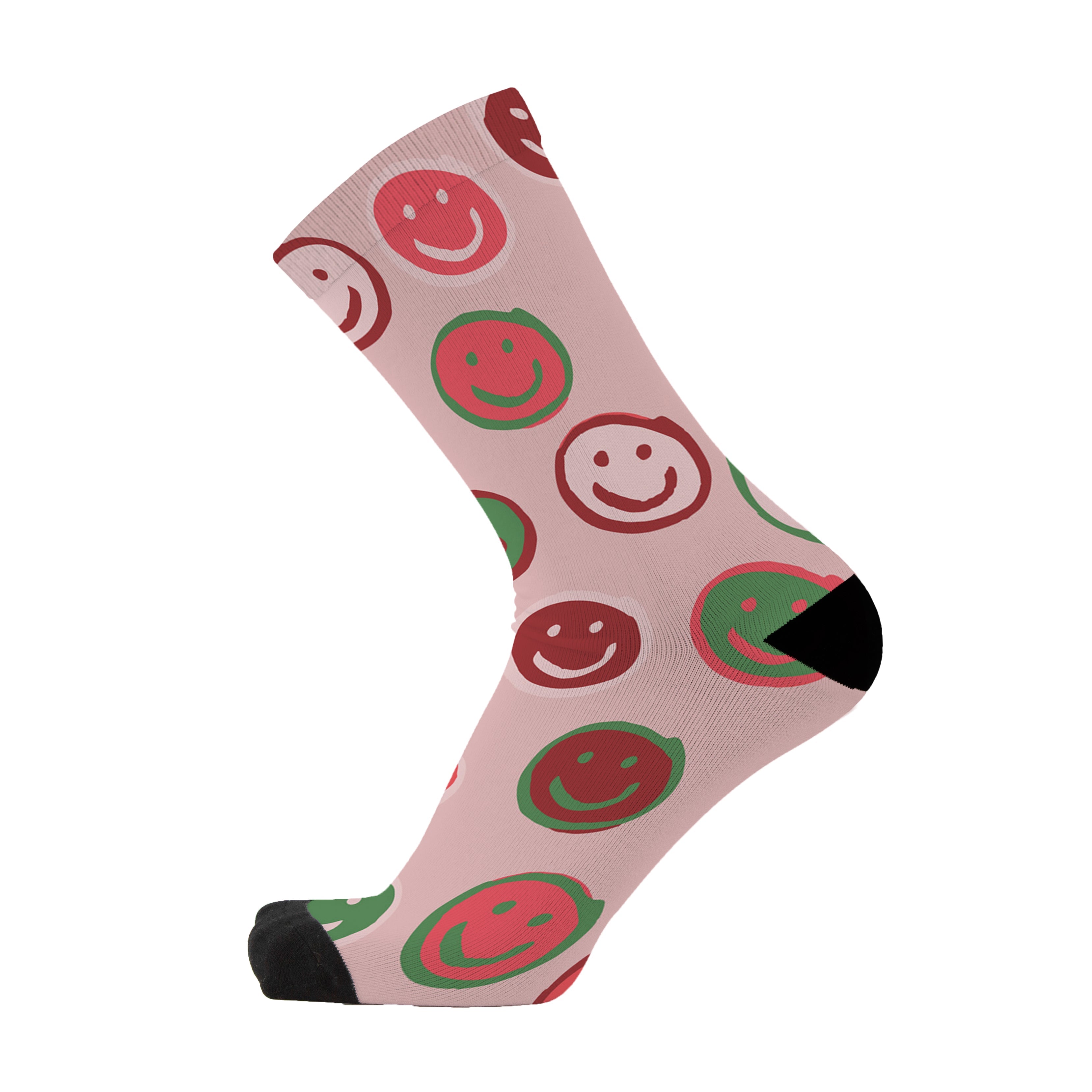 Colourful bamboo socks featuring smile face emojis on a pink background.