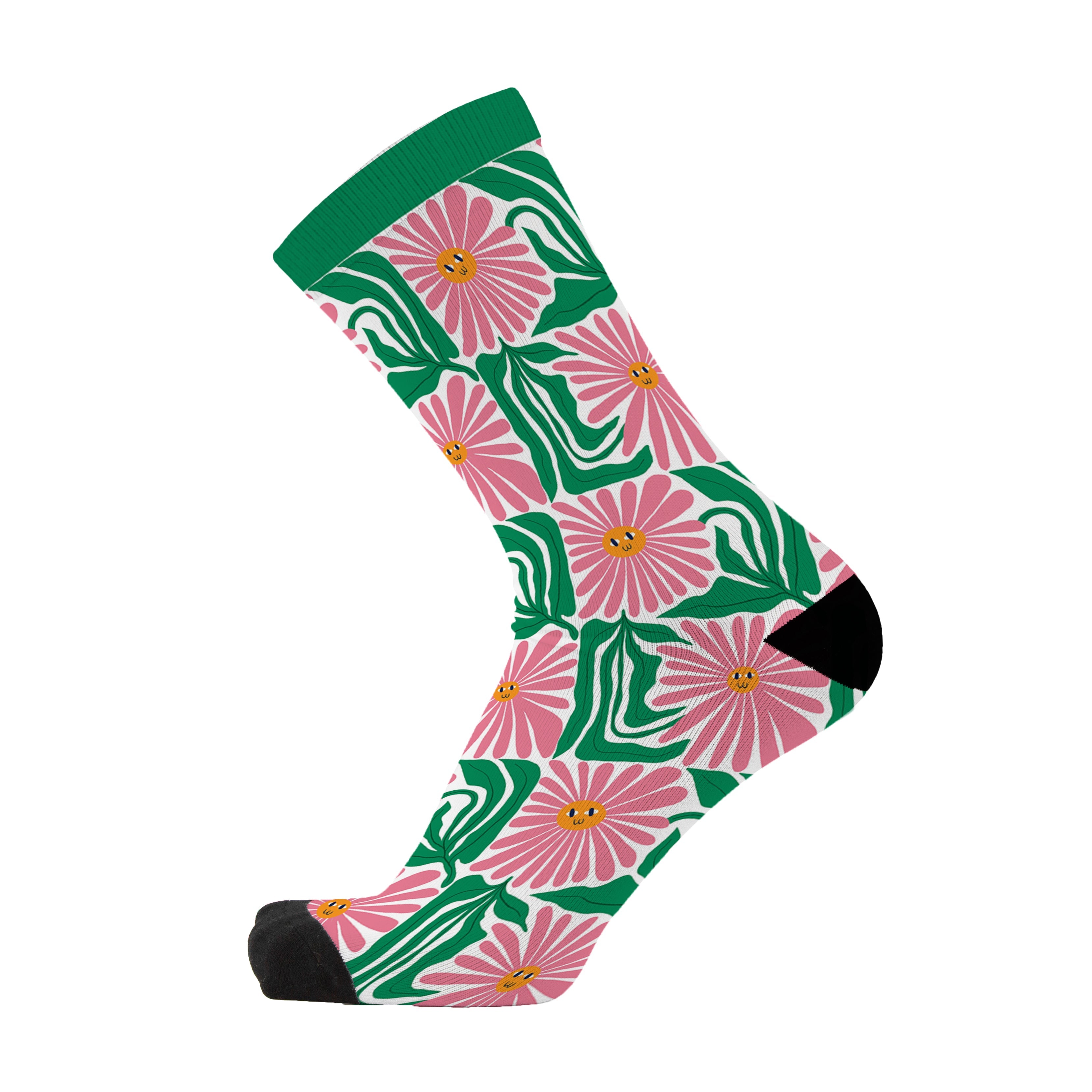Colourful bamboo socks featuring pink flowers with green leaves on a white background.