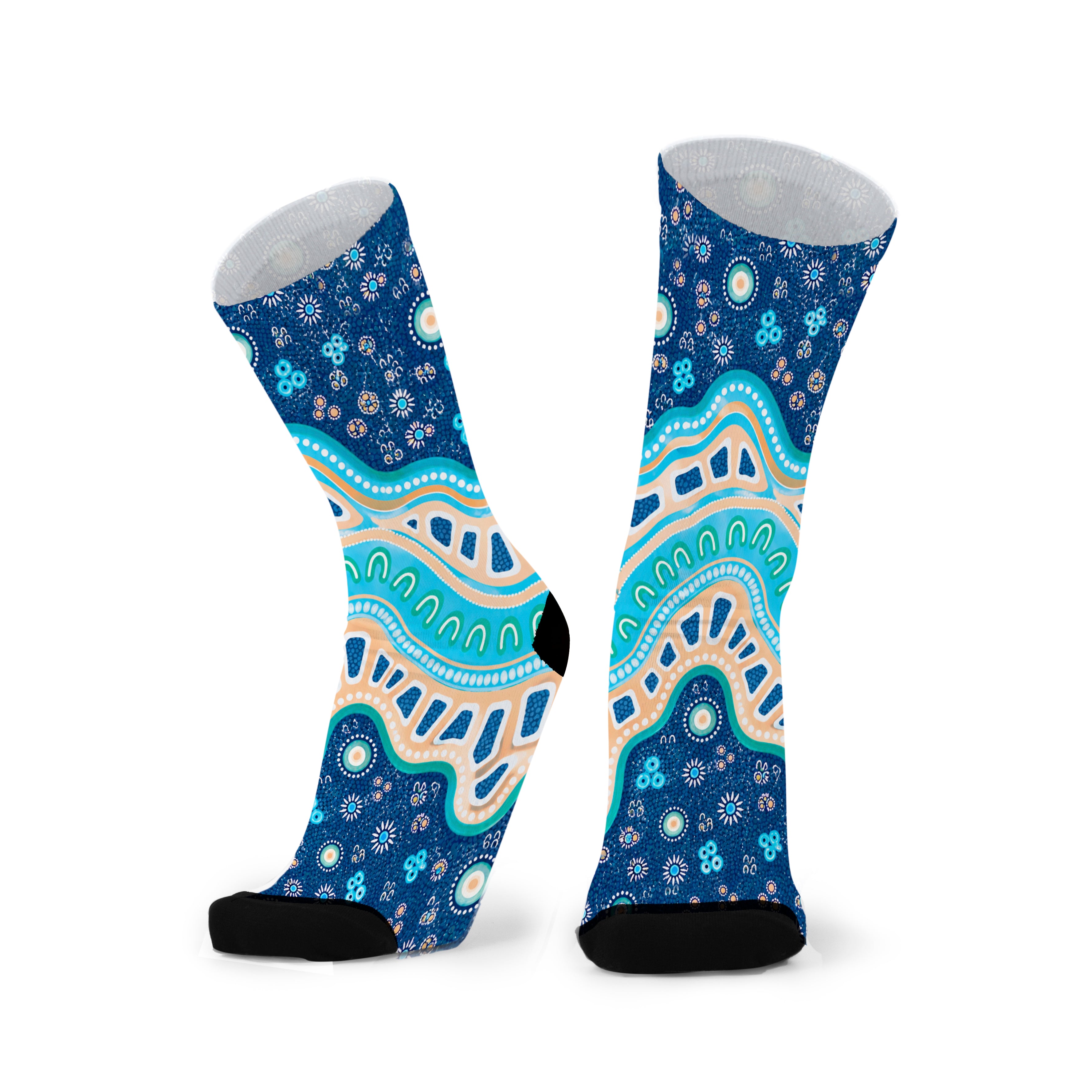 Colourful bamboo socks featuring Indigenous Australian Aboriginal artwork on a blue background.