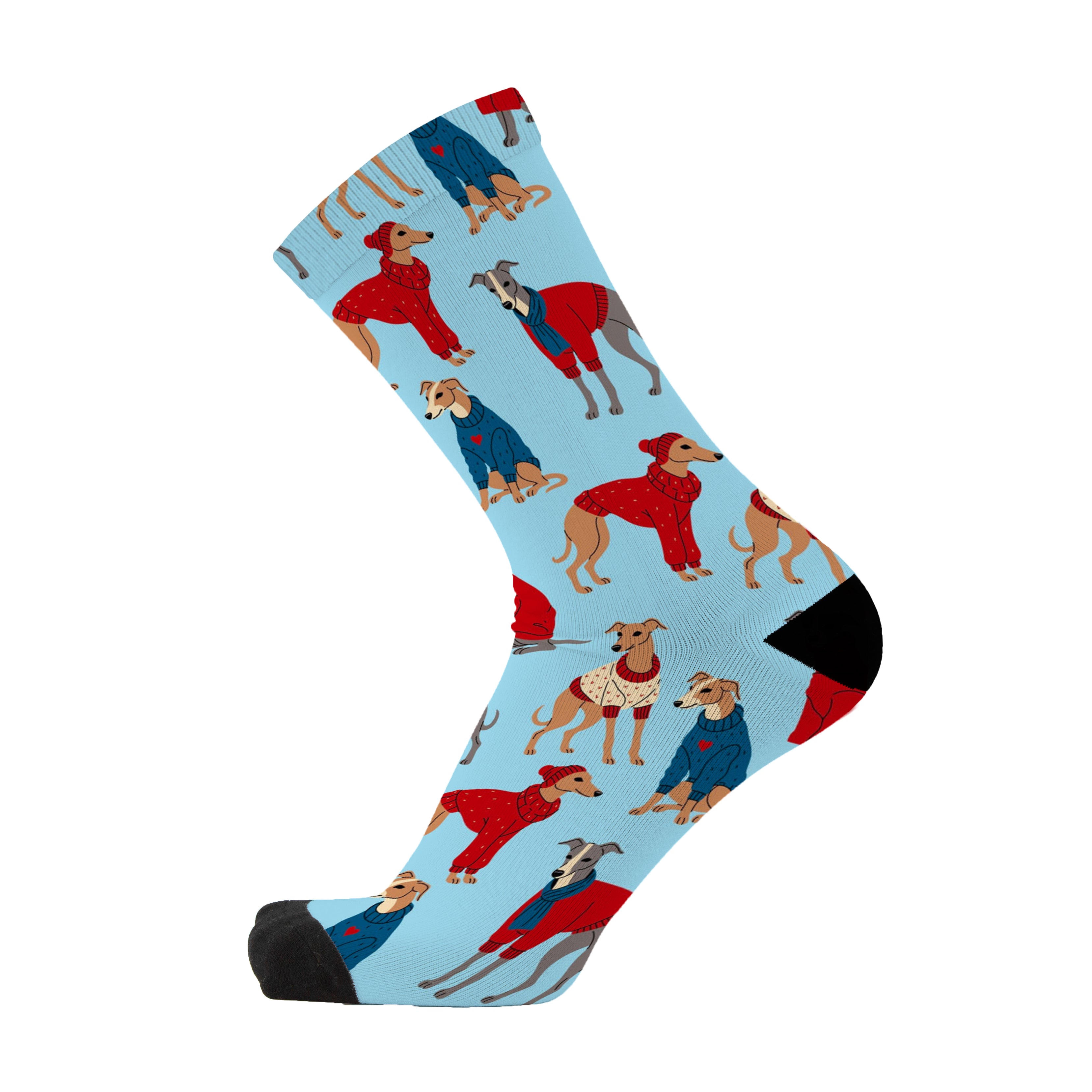 Colourful bamboo socks featuring greyhounds on a blue background.