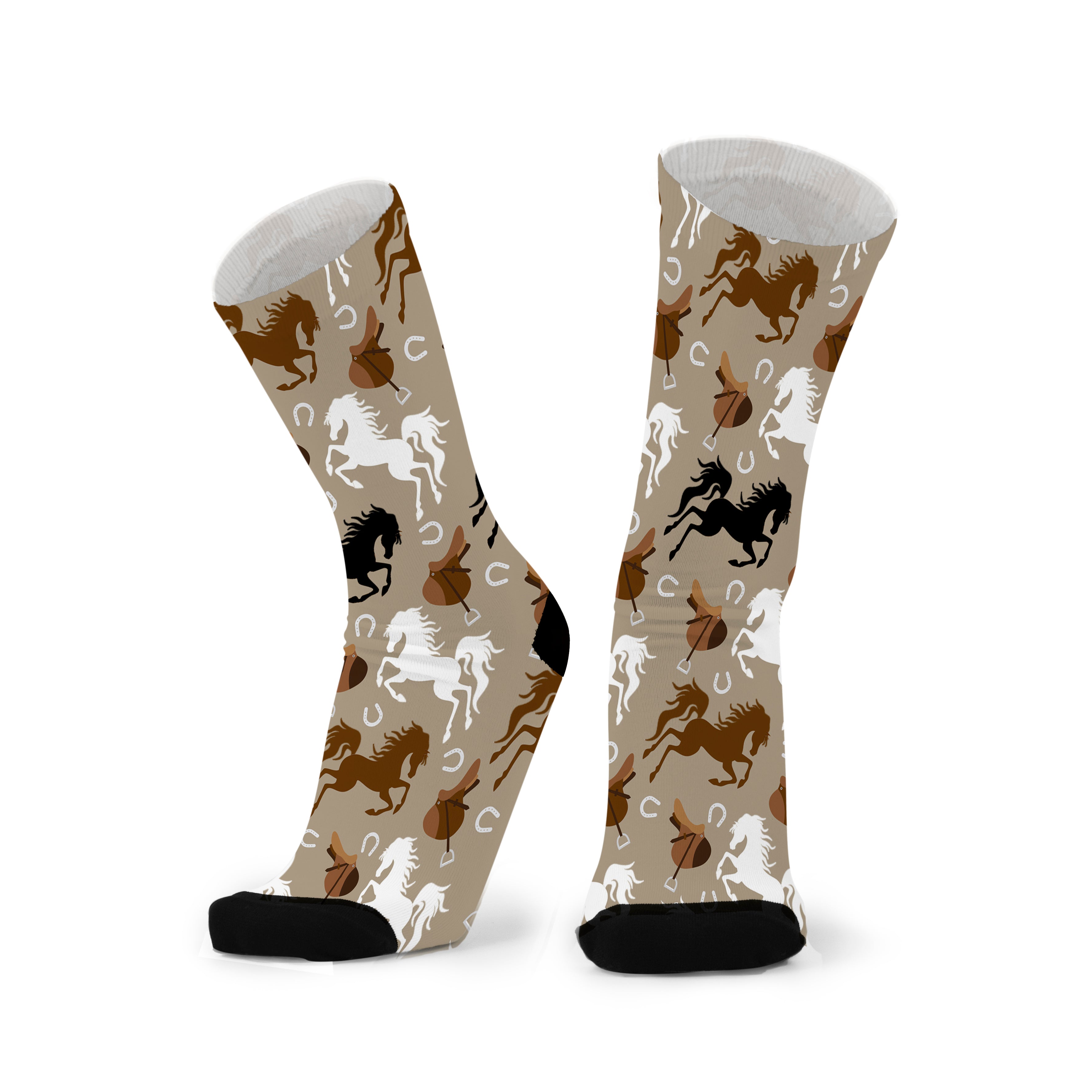 A pair of bamboo socks with a pattern of wild horses on a beige background, featuring a seamless toe design.