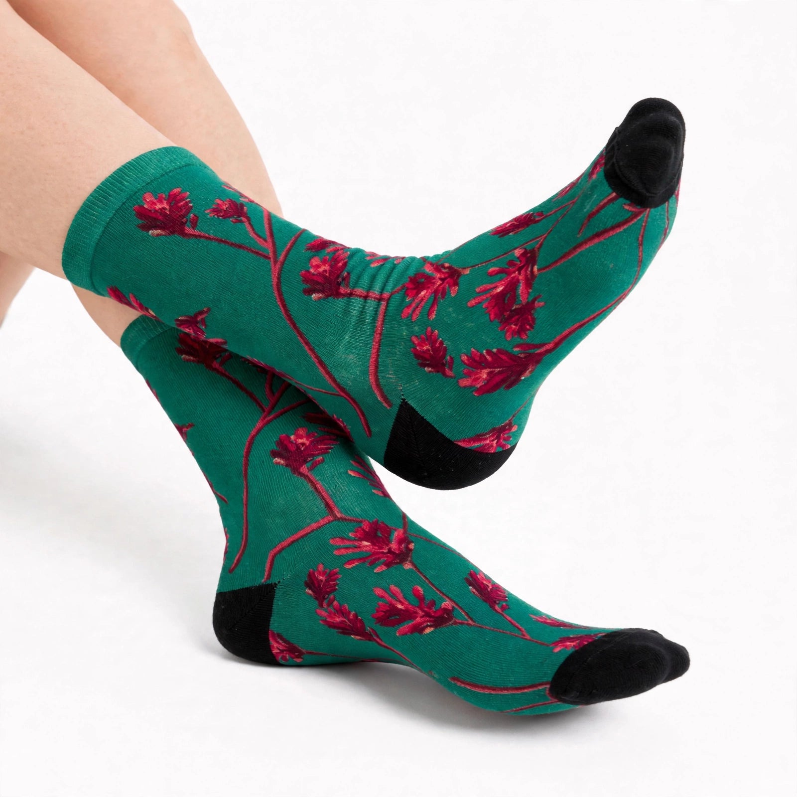 Colourful bamboo socks featuring an Australian kangaroo paw native flower pattern.
