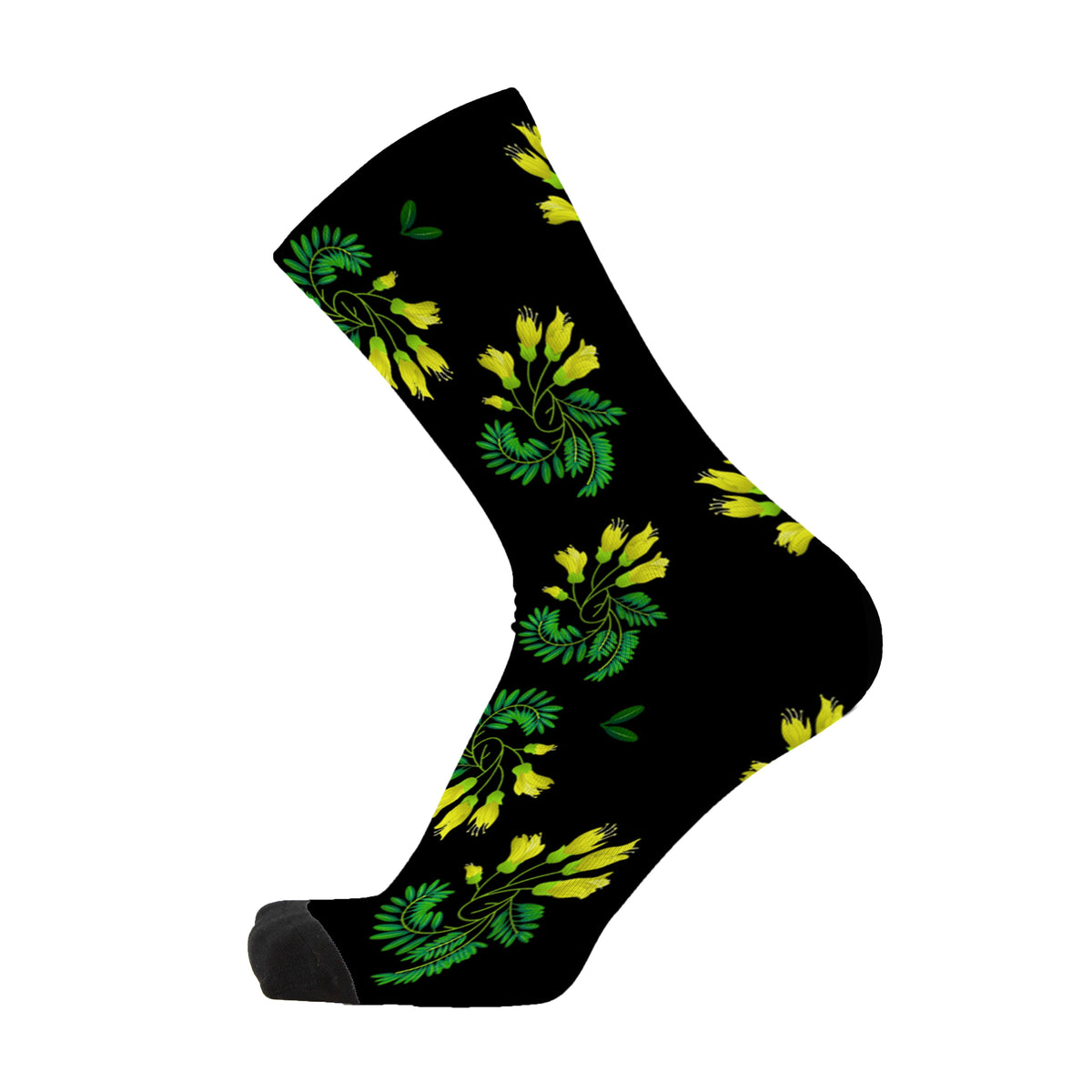 Colourful bamboo socks featuring yellow Kōwhai flowers from New Zealand on a black background.