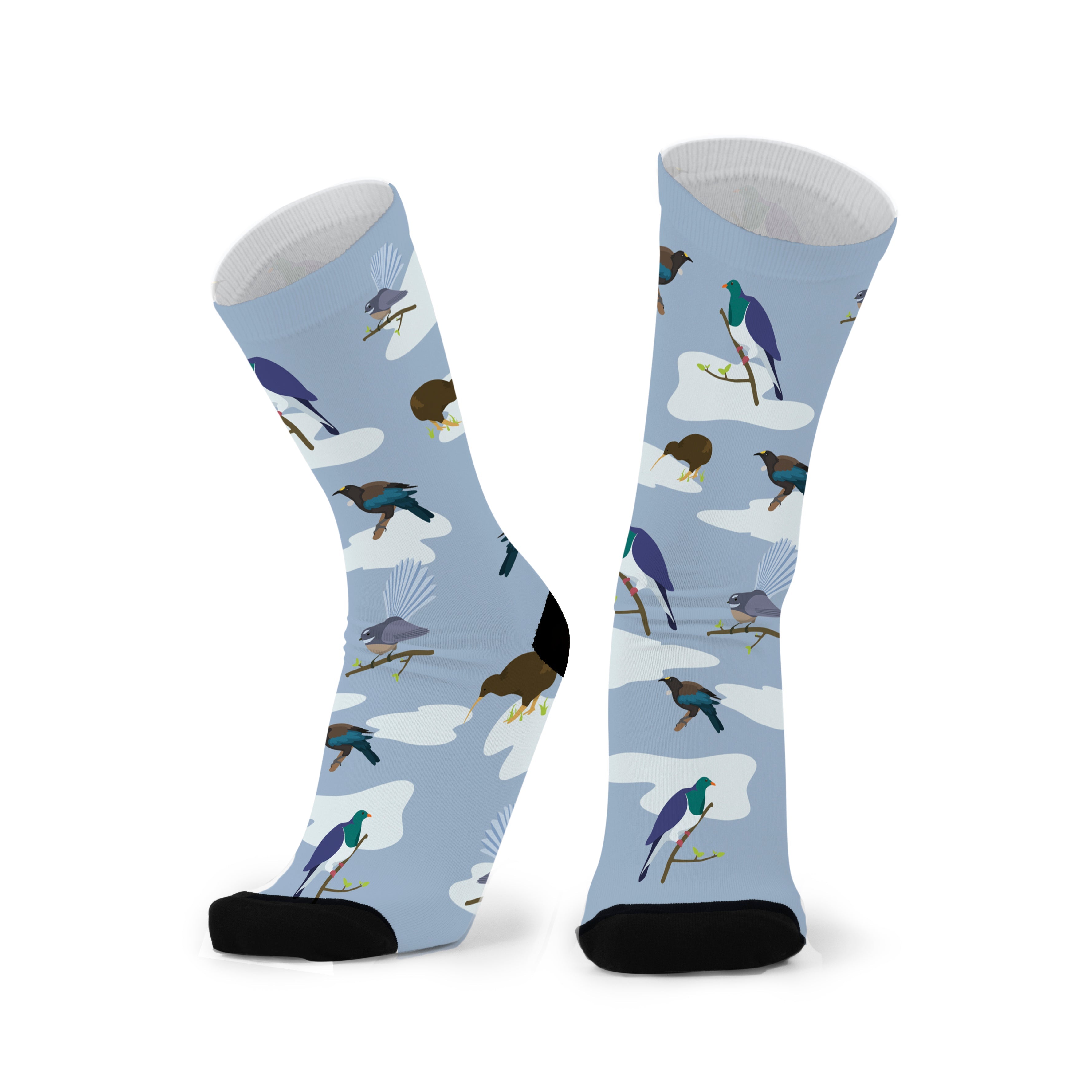 Colourful bamboo socks featuring birds from New Zealand on a blue background.