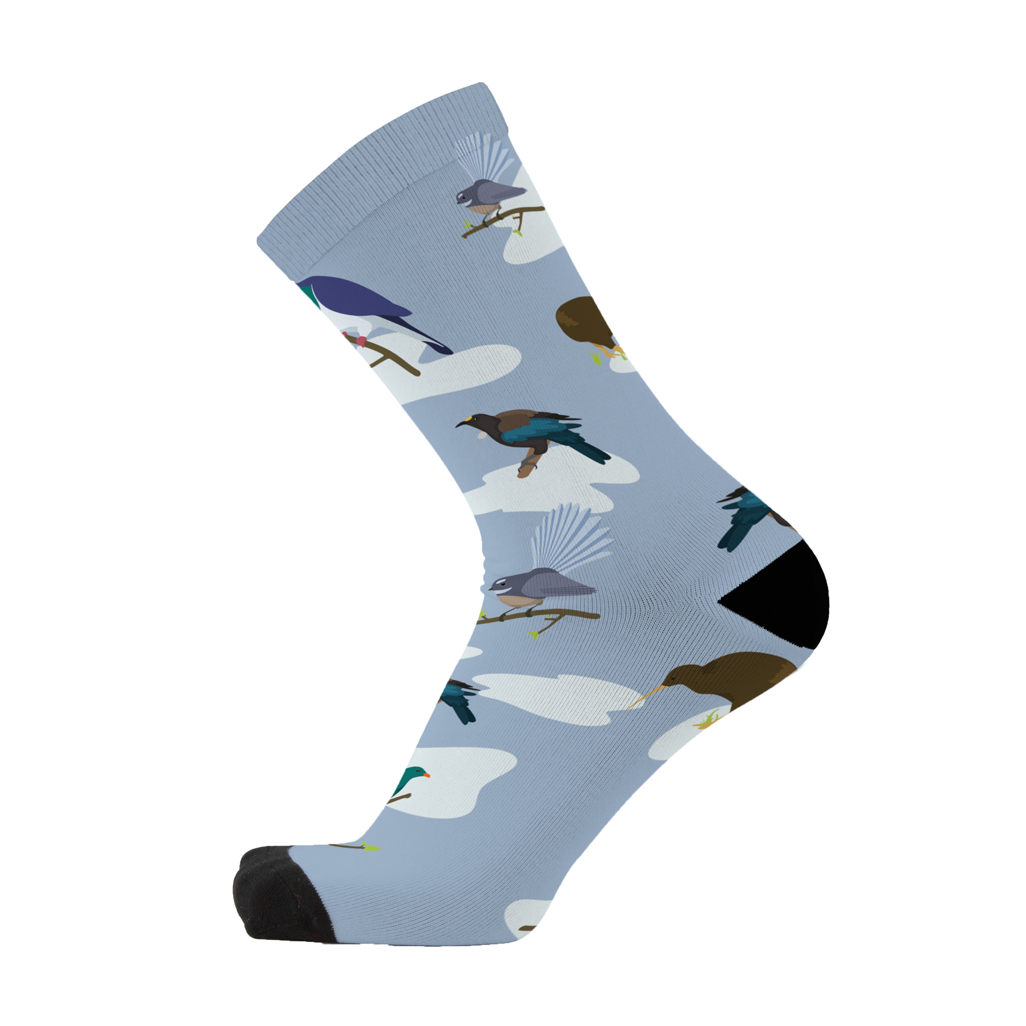 Colourful bamboo socks featuring birds from New Zealand on a blue background.