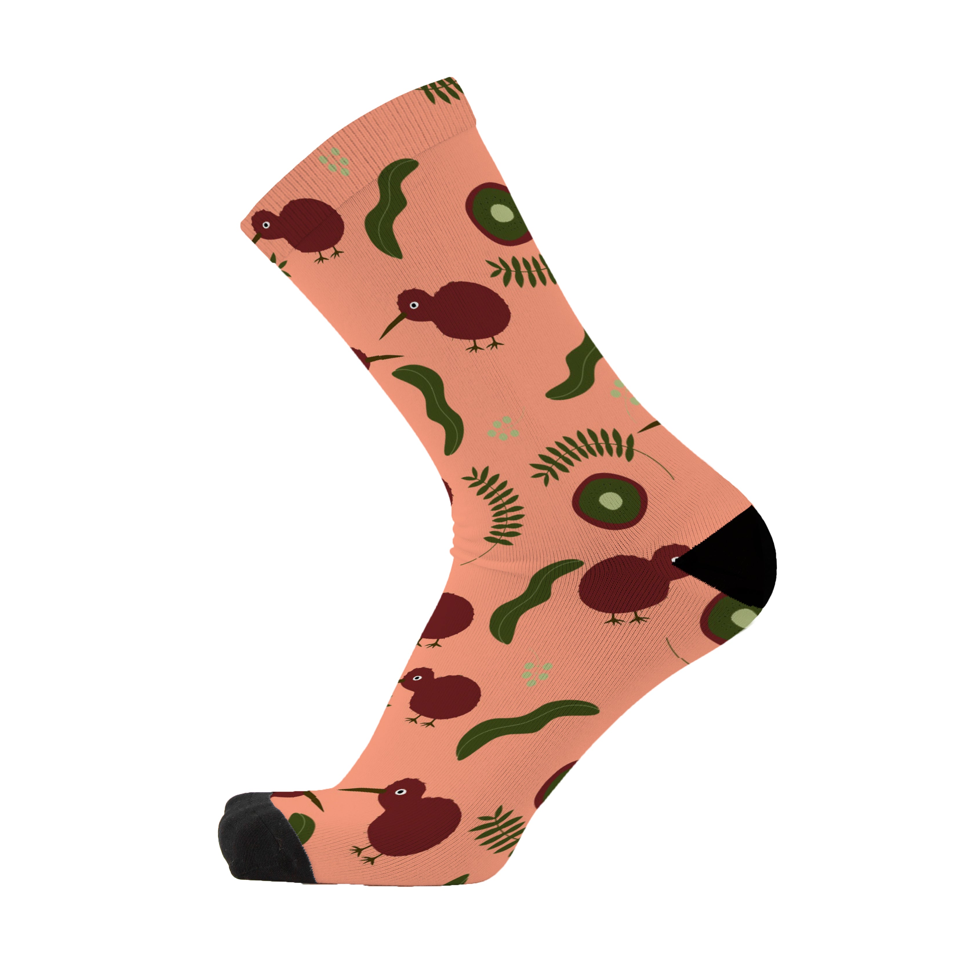 Colourful bamboo socks featuring Kiwi birds from New Zealand on a brown background.