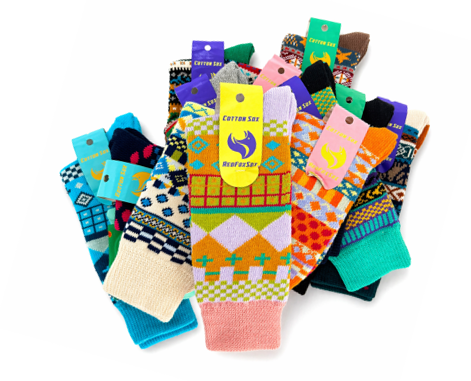 Colorful socks with various patterns and designs on a white background