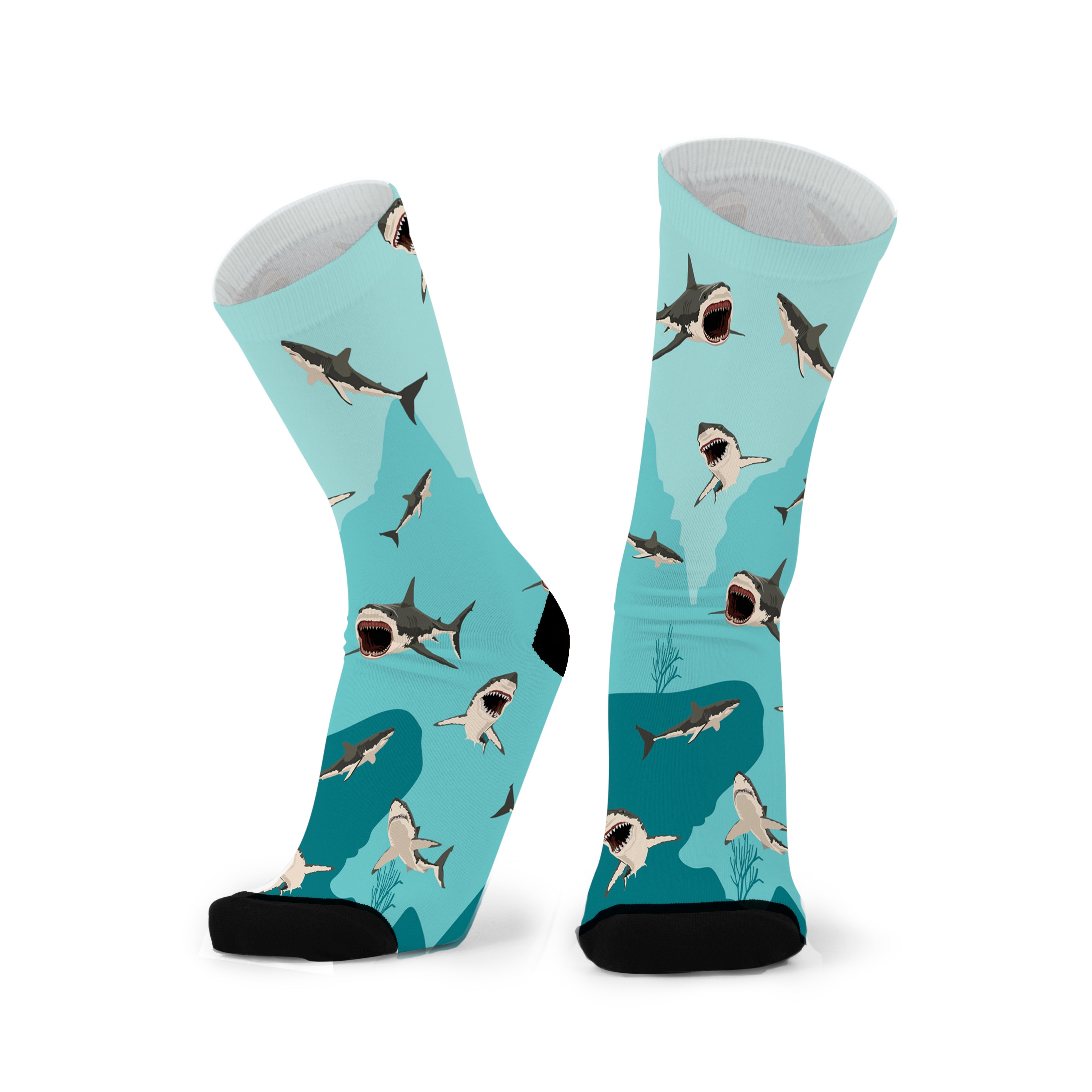 Colourful bamboo socks featuring sharks on a light blue background.