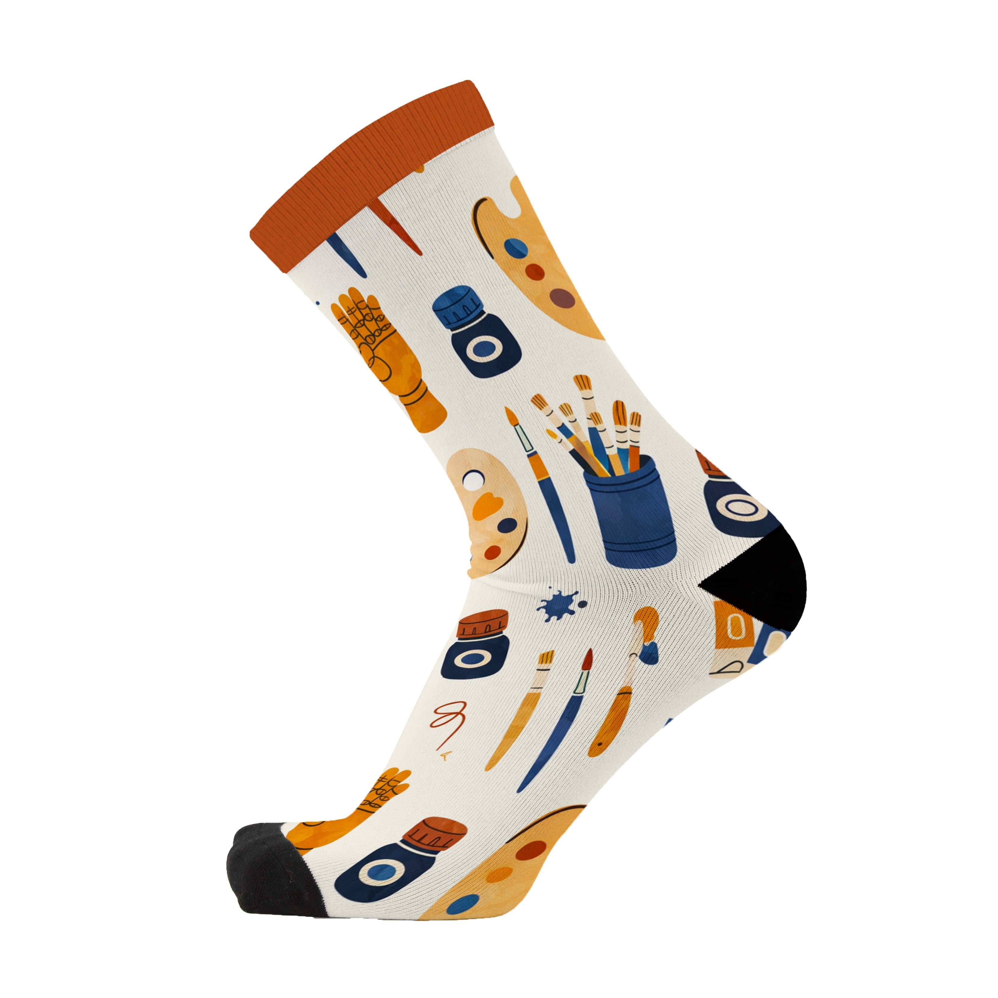 Art themed bamboo socks featuring paint and brushes on a white background.