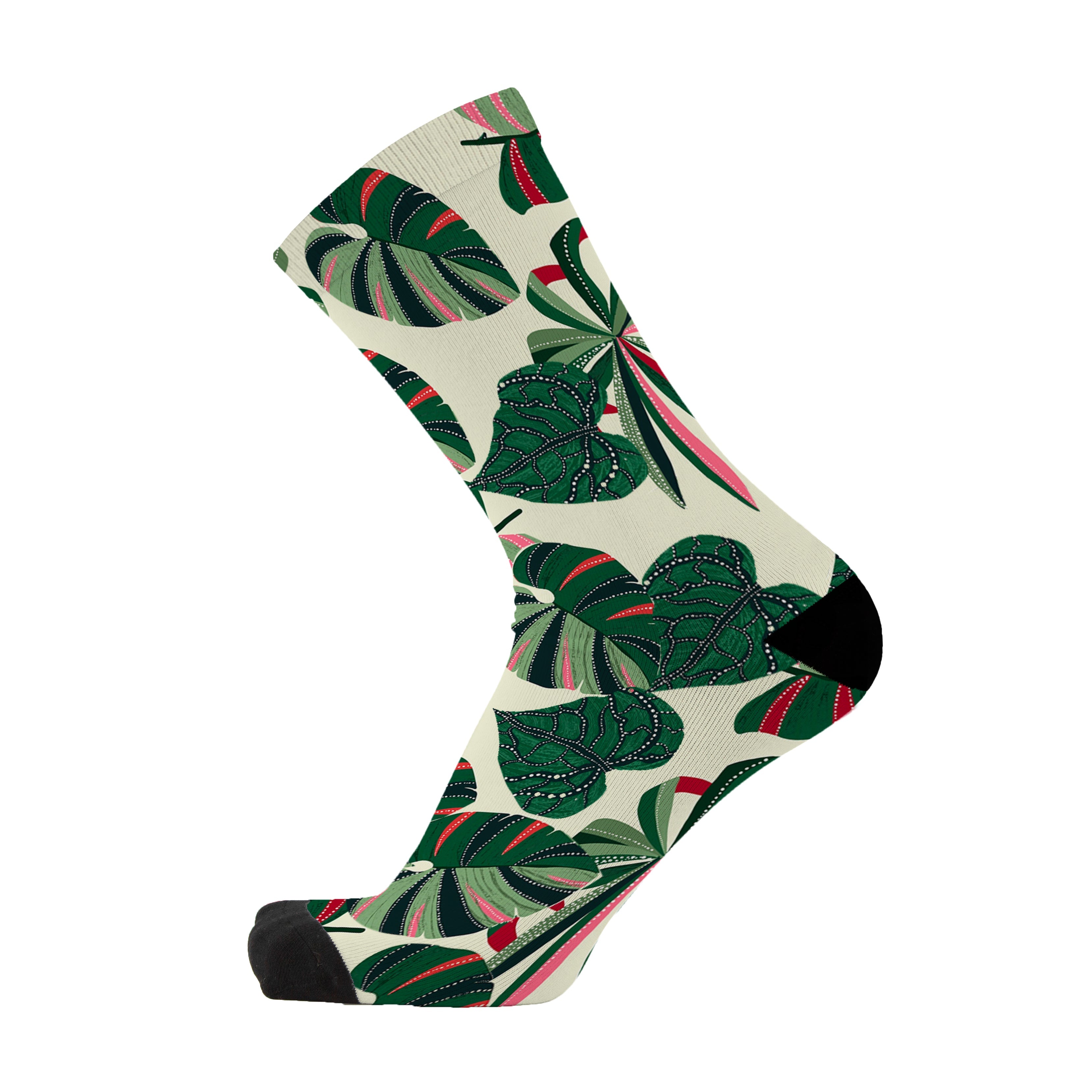 Colourful bamboo socks featuring red and green plant leaves on a beige background.