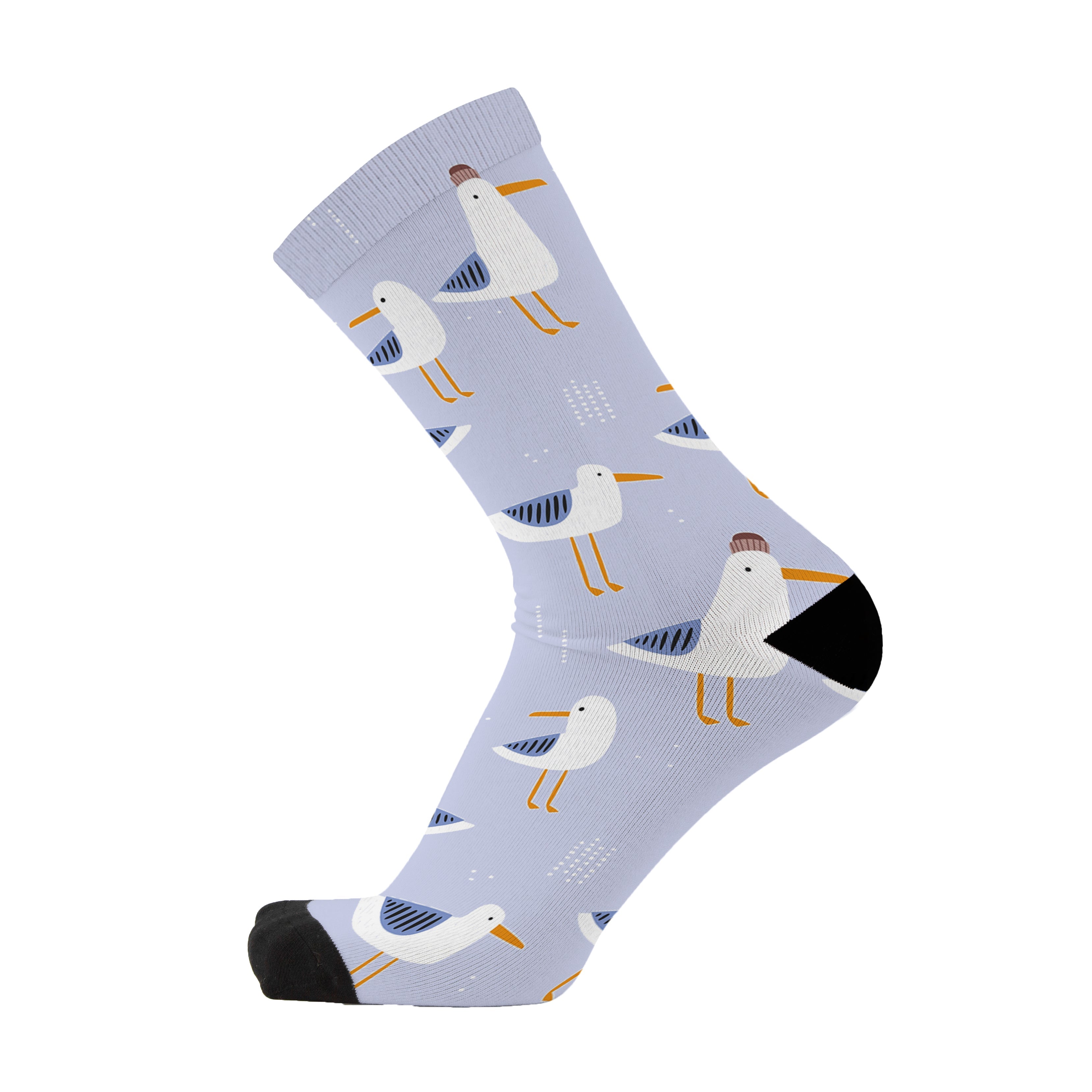 Colourful bamboo socks featuring seagulls on a light purple background.