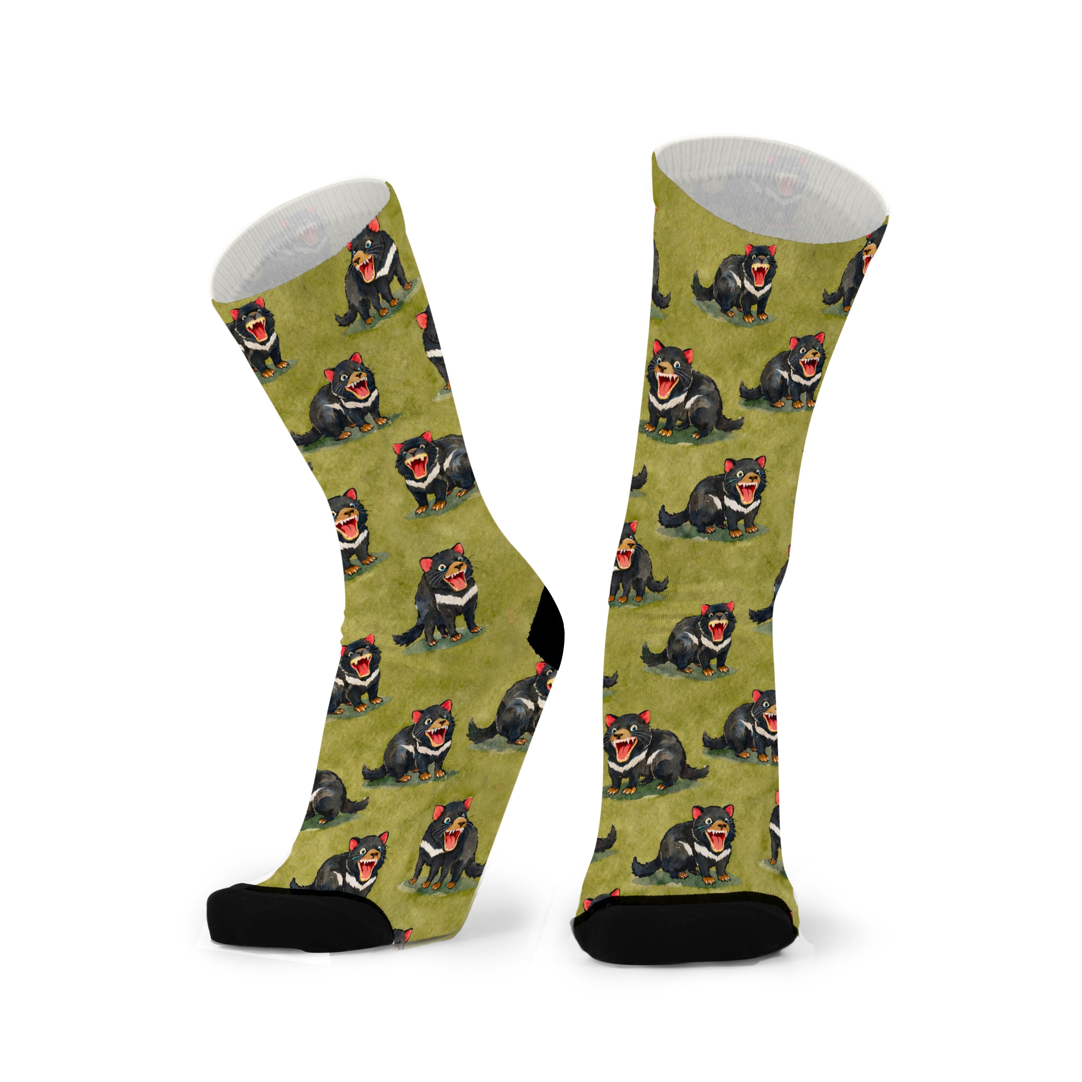 Tasmanian Devil bamboo socks featuring playful black Tasmanian Devils on an olive green background.