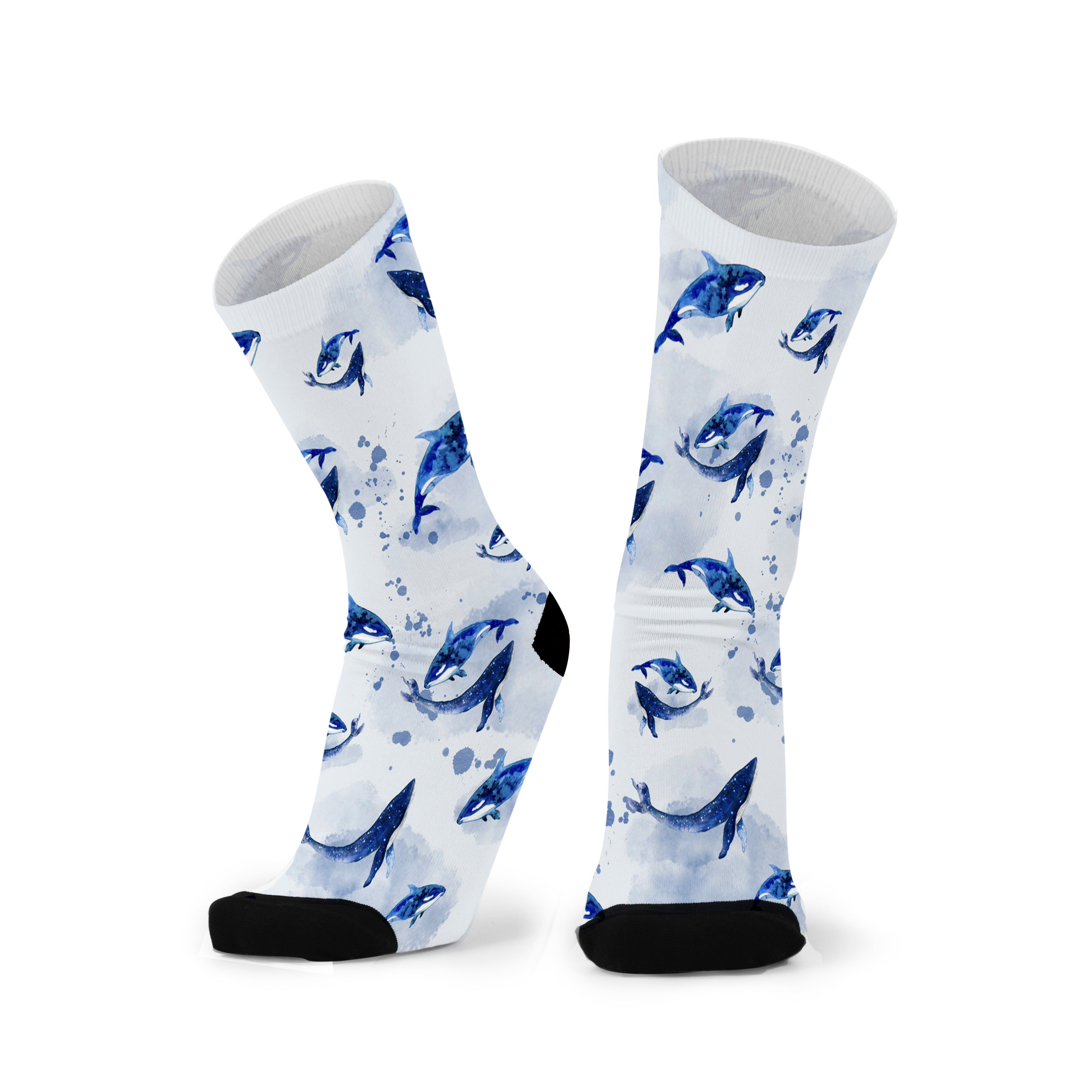 A pair of bamboo socks with a blue whale pattern on a white background, featuring a seamless design with a fine spun toe seam.Whale shark design by RedFoxSox