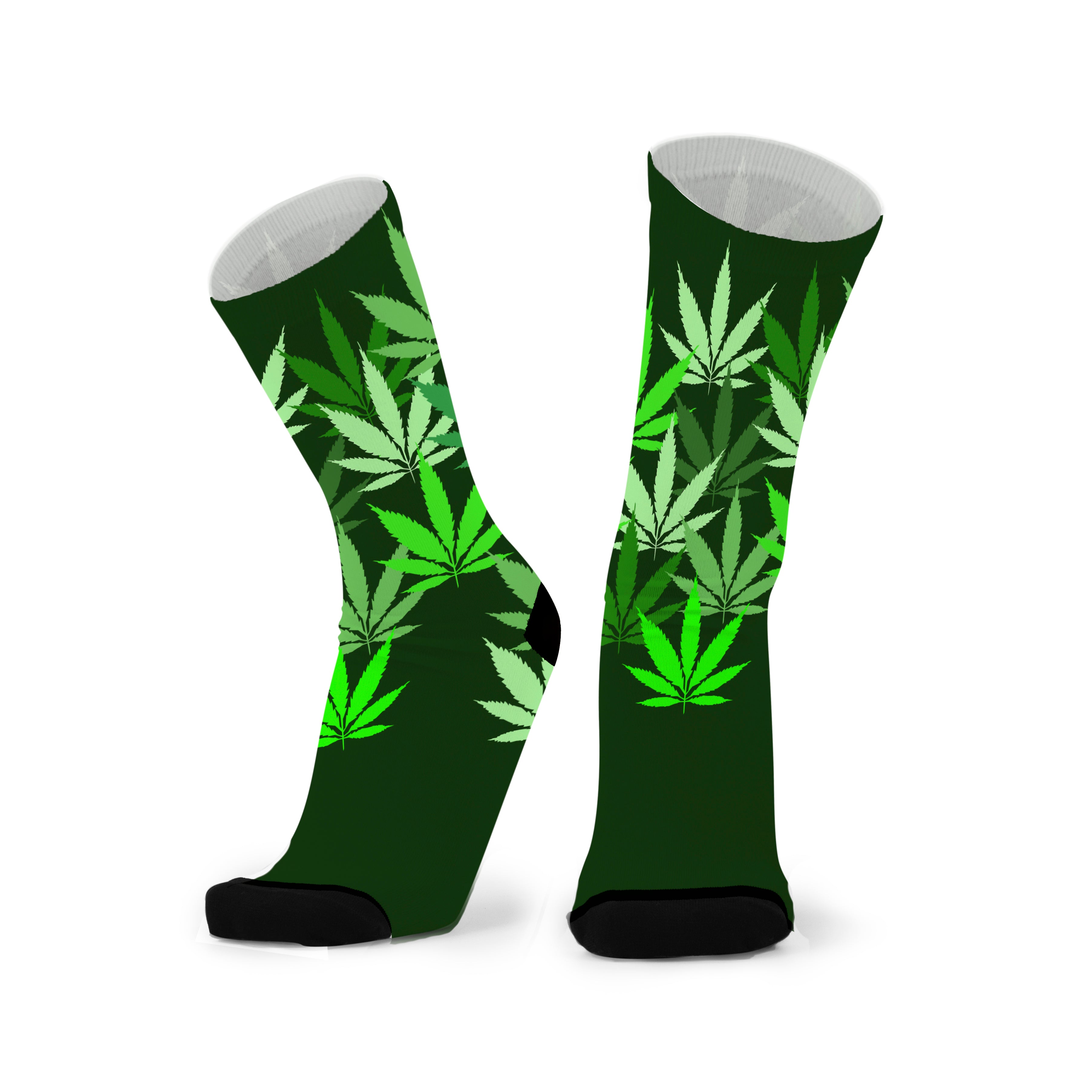 A pair of green socks with a pattern of cannabis leaves.
