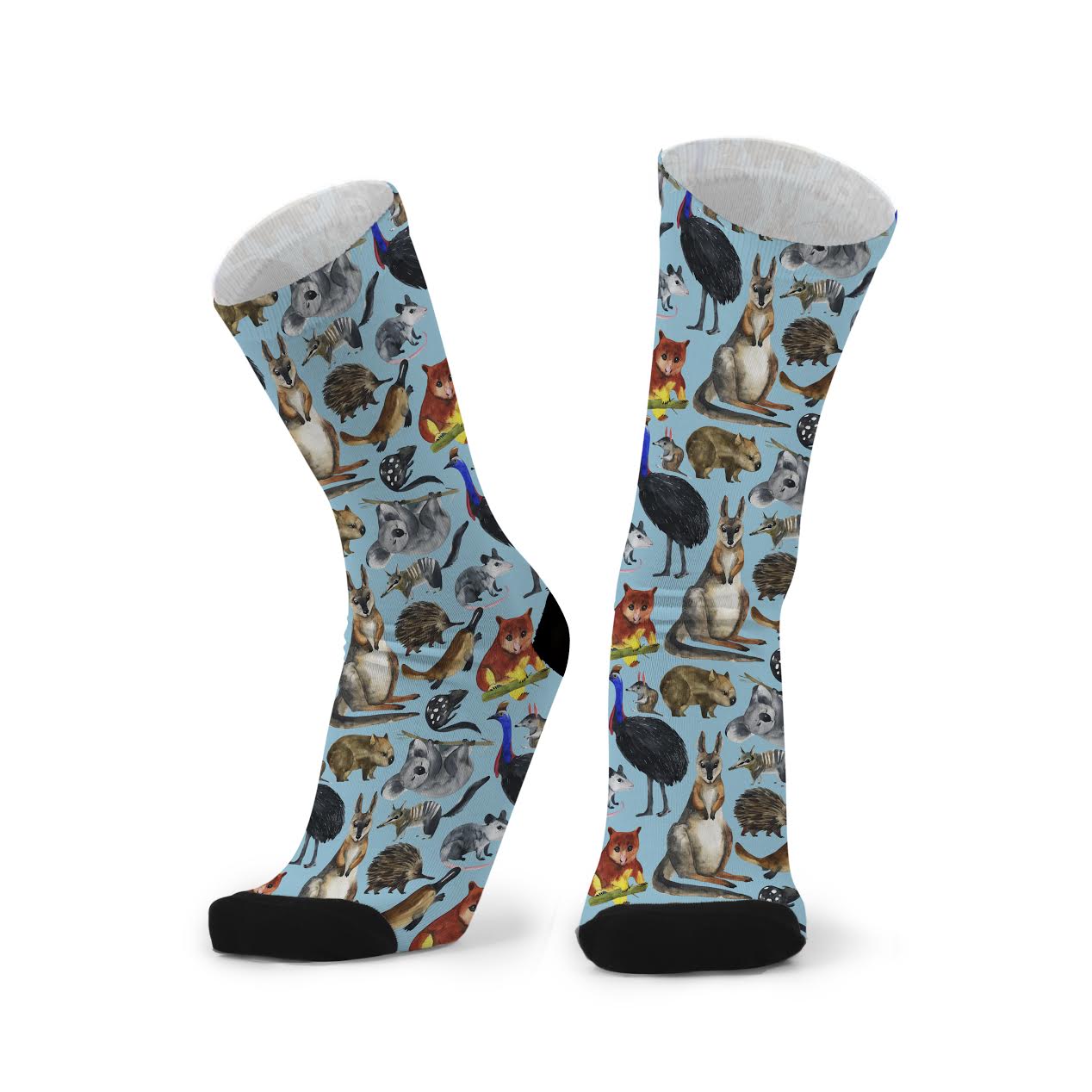 A pair of bamboo socks features kangaroo. Koala. Tasmanian devil. Wombat.emu Numbat native animals.
