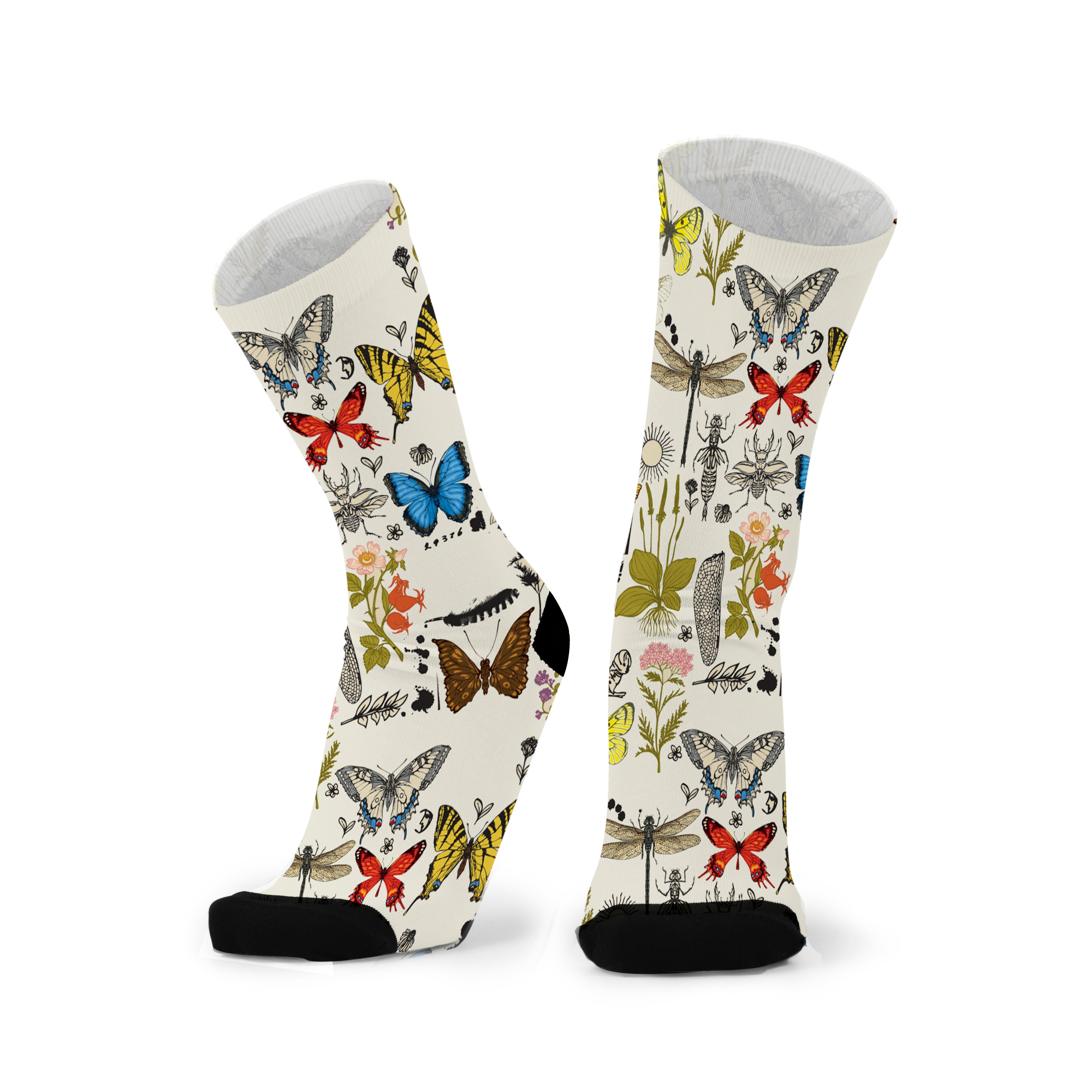 A pair is socks with various butterfly on it