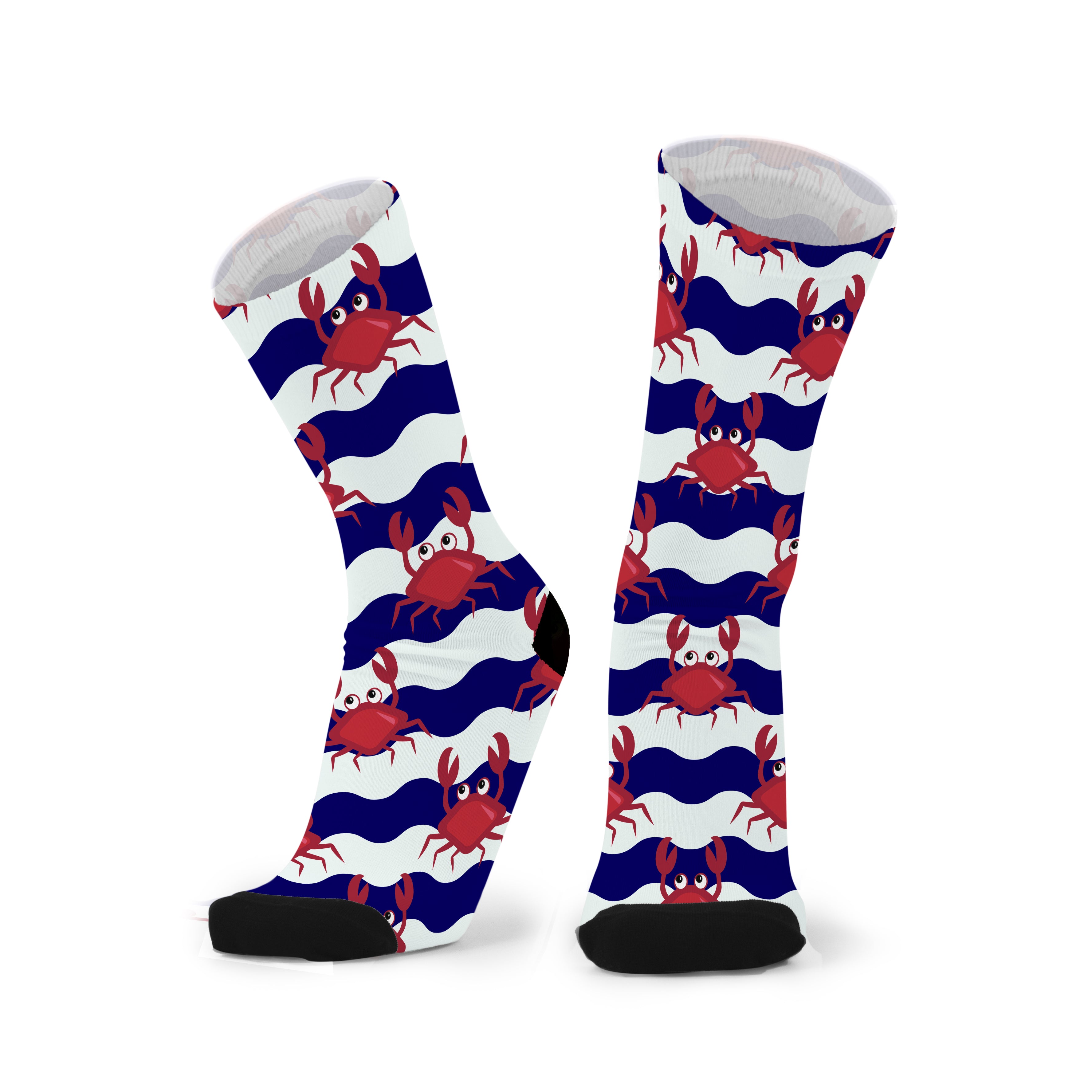 A pair of socks with a pattern of red crabs on a blue and white striped background.