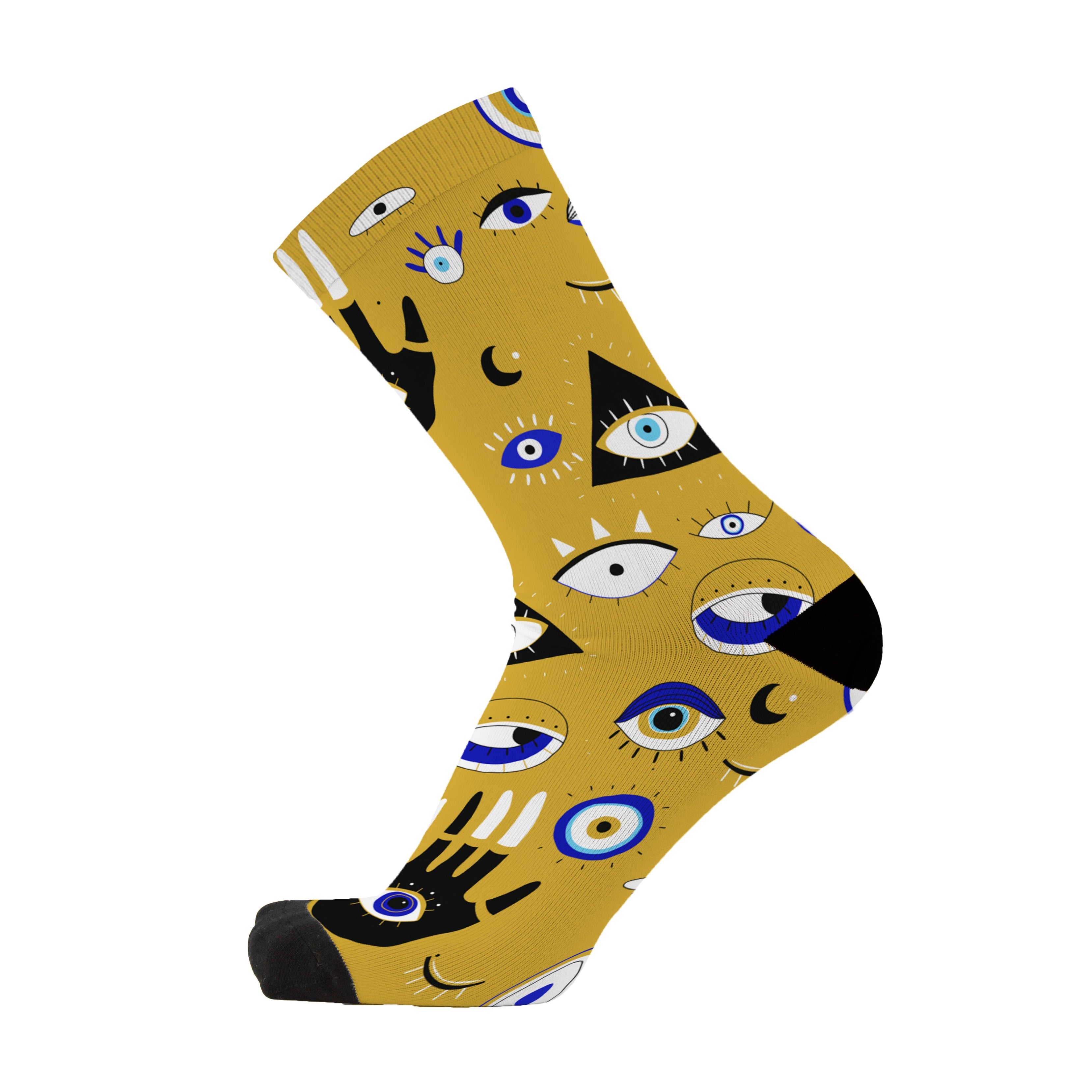 Evil Eye bamboo novelty socks with mystical eye and hand symbols on yellow background