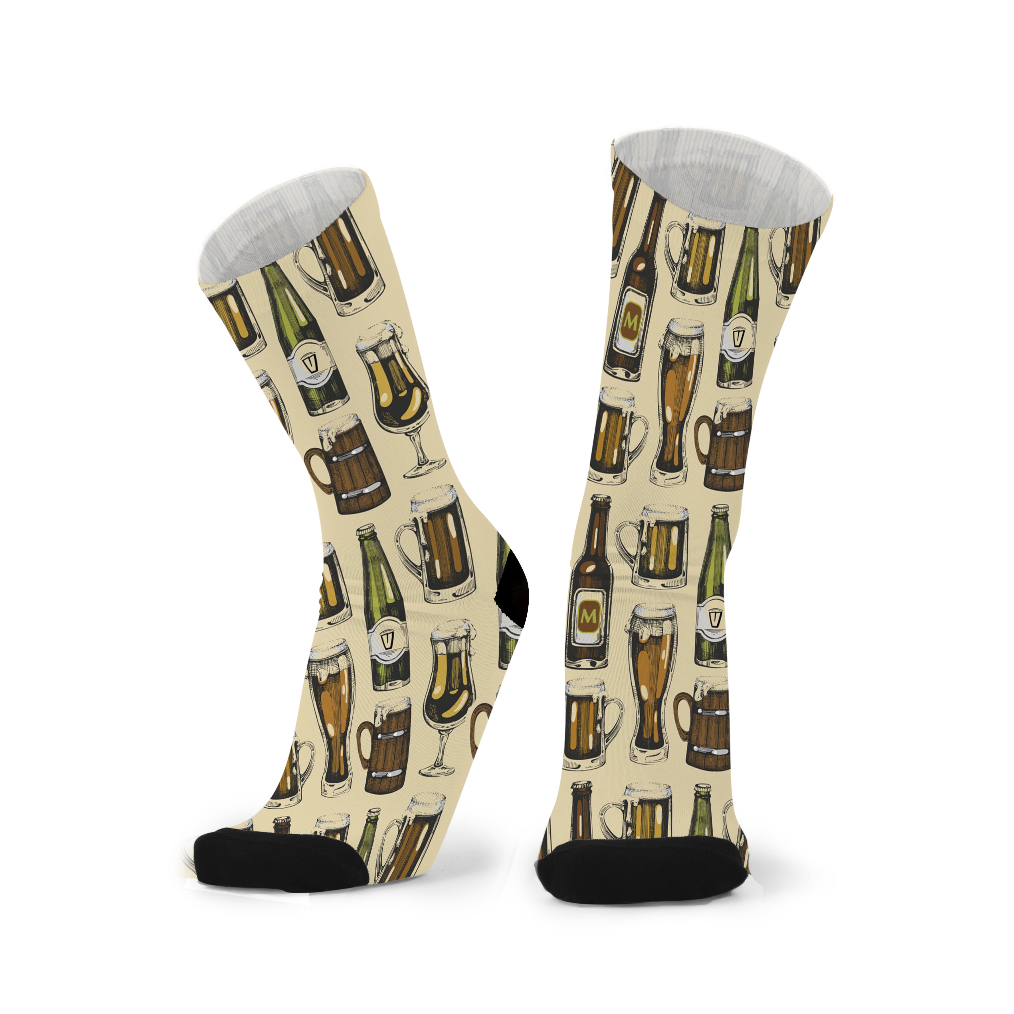 A pair of socks with a pattern of beer glasses and bottles on a beige background.