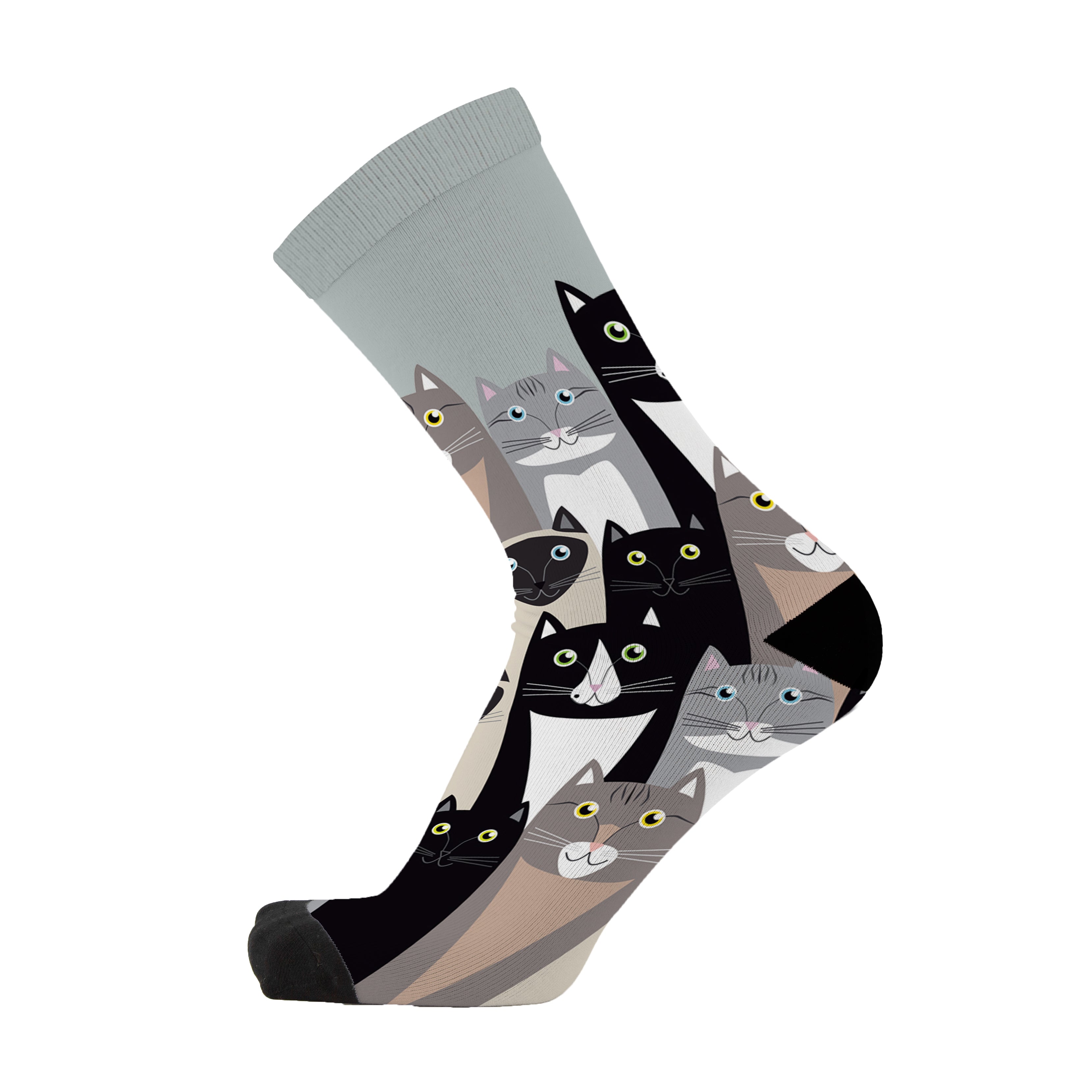 A sock with a pattern of multiple cats in black, gray, and brown colors.
