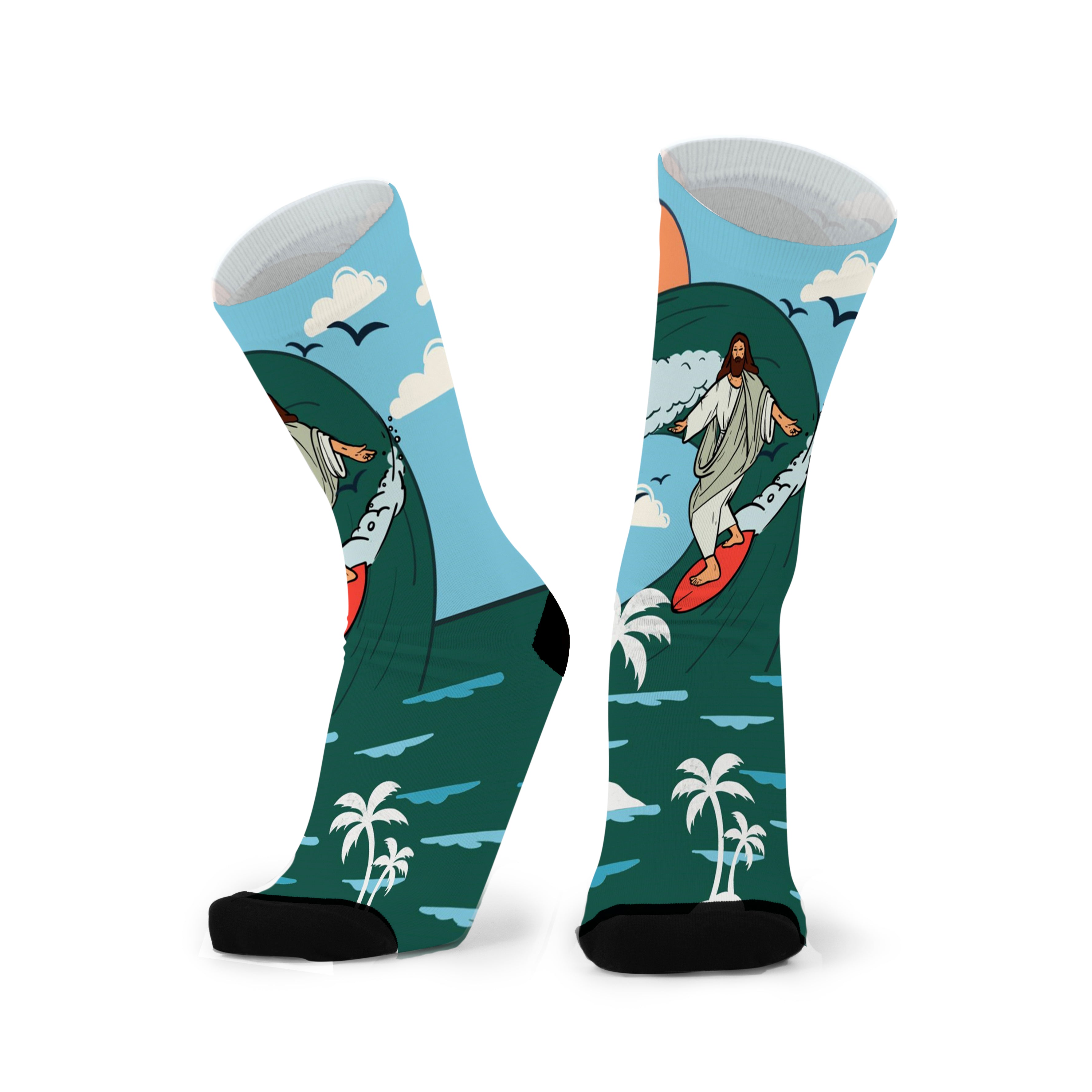 A pair of colorful socks with a pattern featuring a surfing jesus and beach elements, such as palm trees and waves.