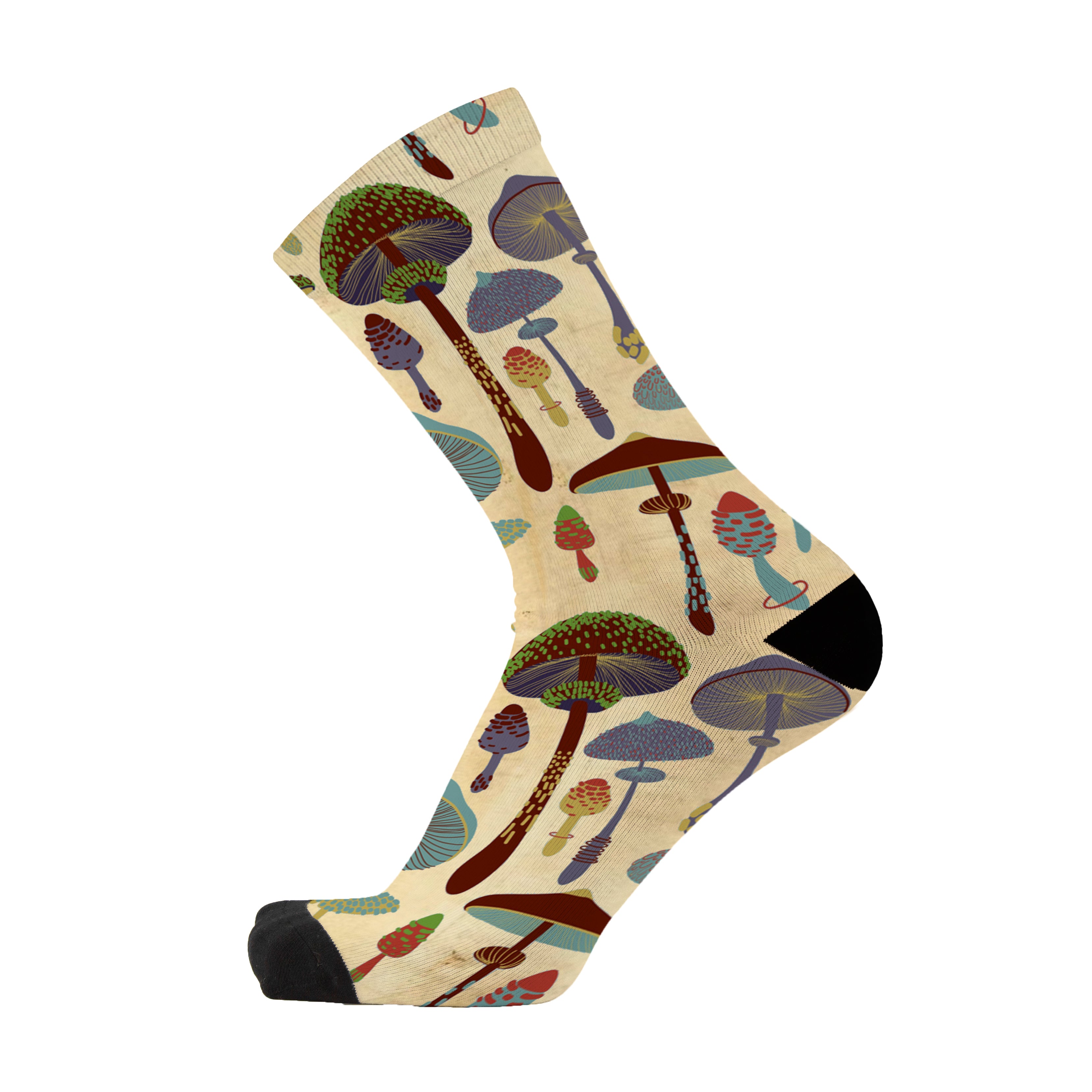 A pair of socks with a pattern of various mushrooms in shades of green, beige, and brown.