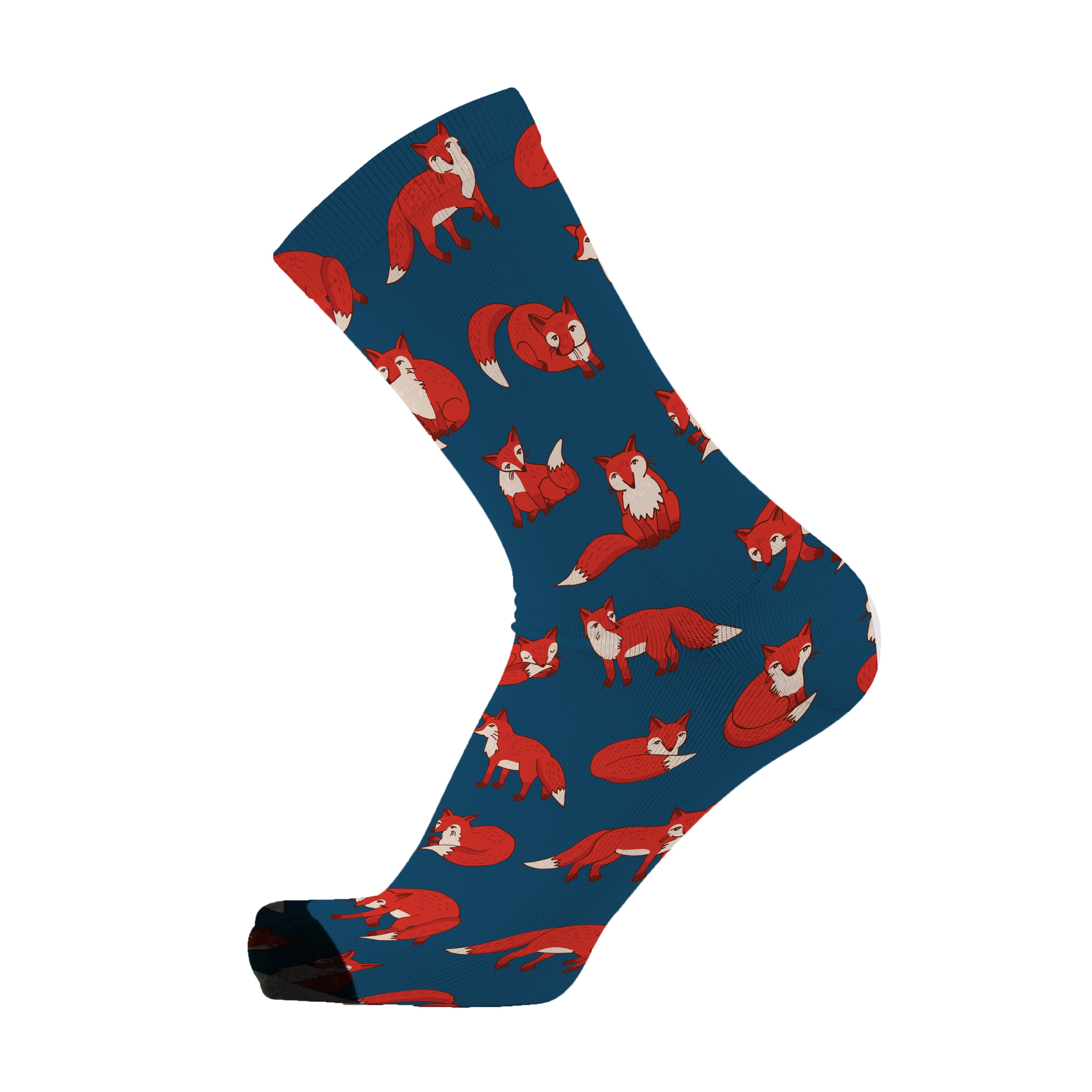 A navy sock with red fox patterns, displayed in a twisted position to showcase the design.